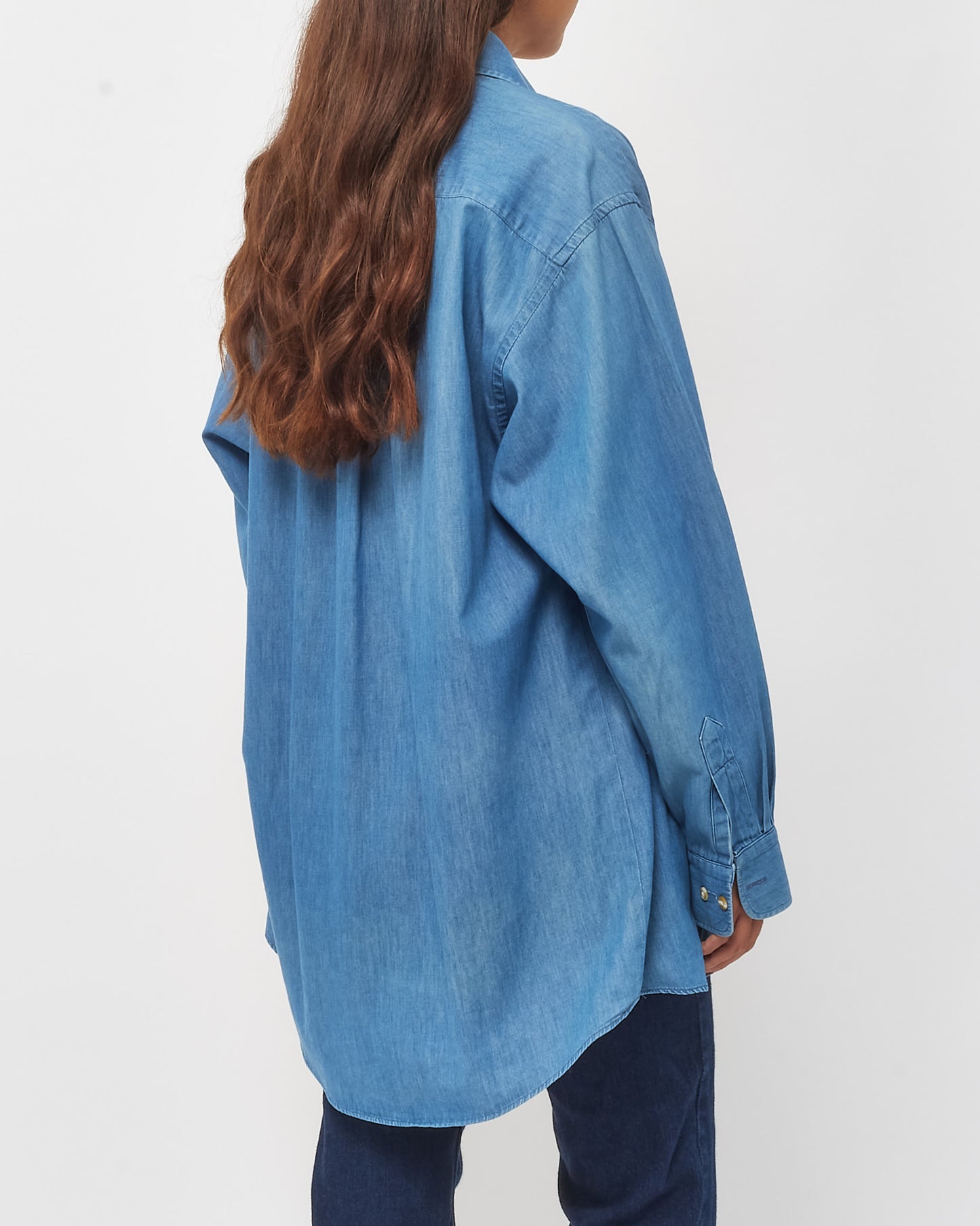 Burberry Men's Denim Blue Classic Check Collar Detail Long Sleeve Button Down Shirt - L