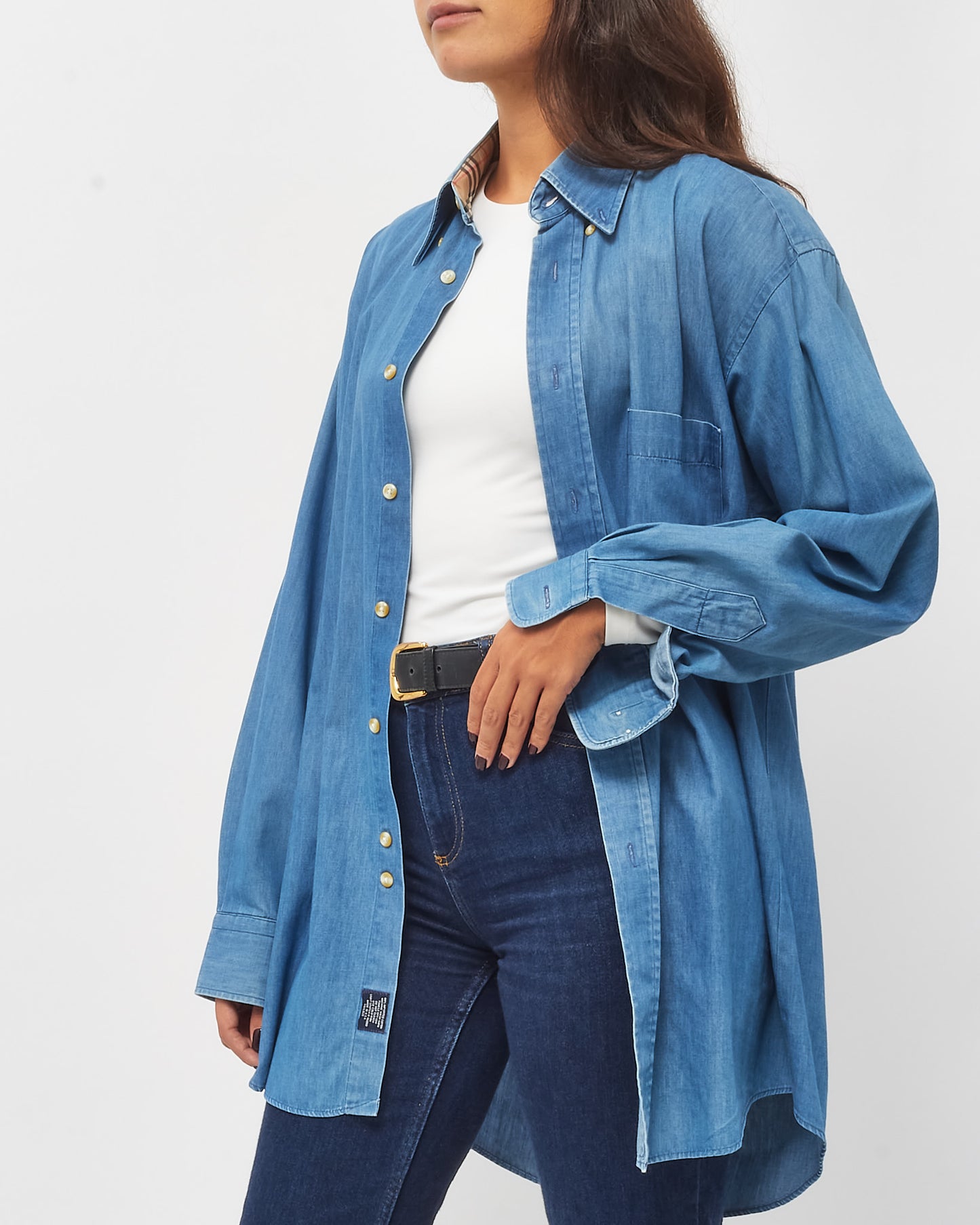 Burberry Men's Denim Blue Classic Check Collar Detail Long Sleeve Button Down Shirt - L