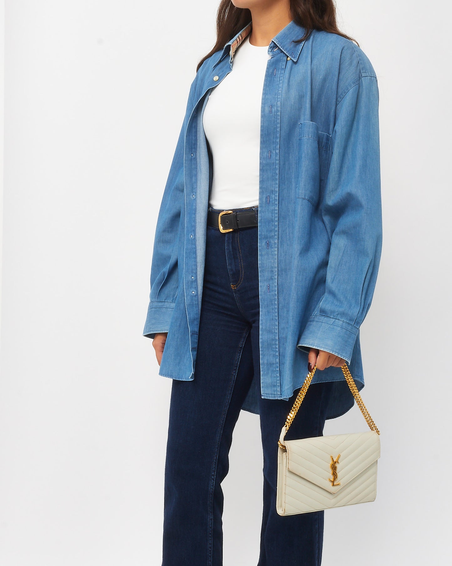 Saint Laurent White Grain de Poudre Leather Classic Cassandre Chain Wallet Crossbody GHW