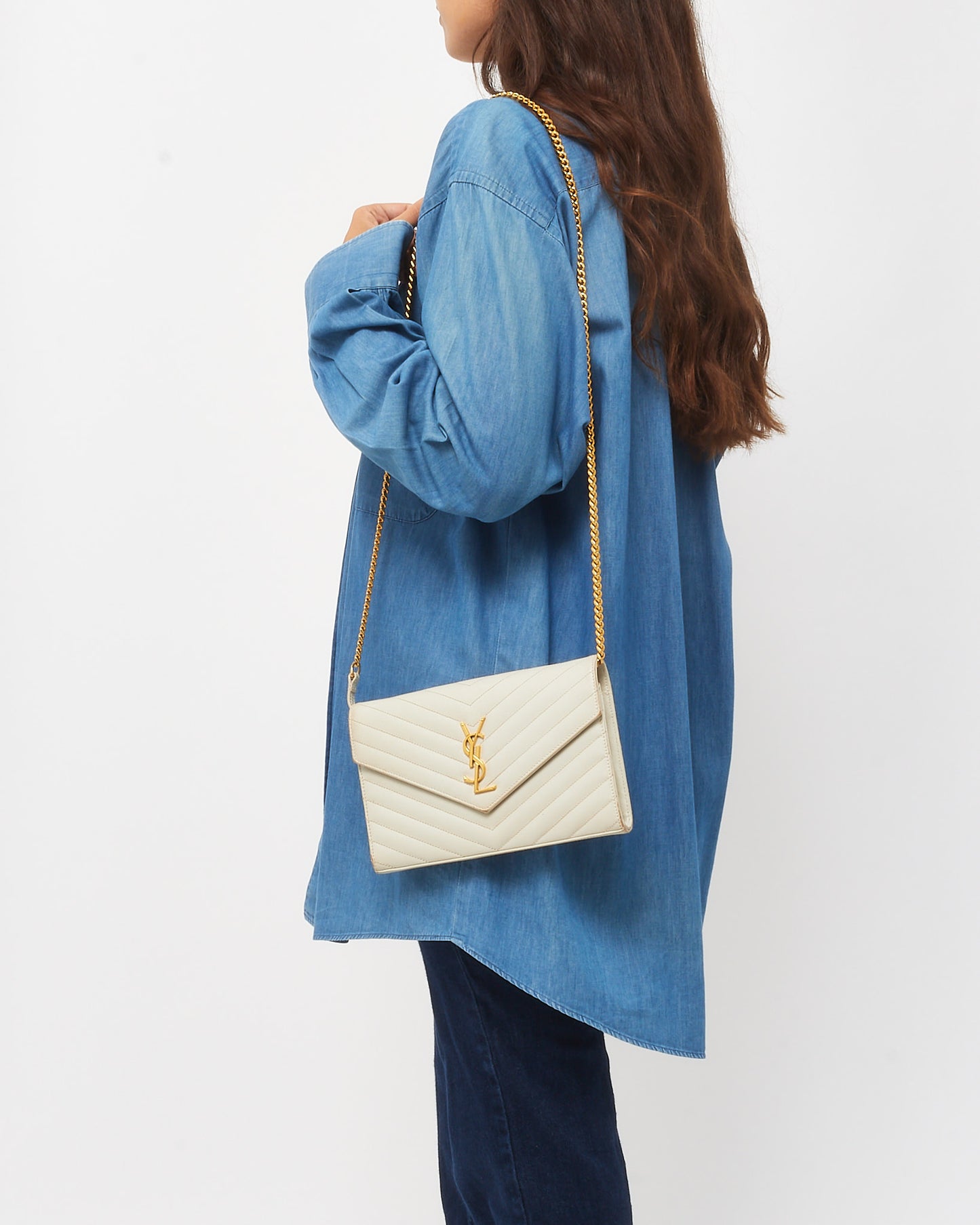 Saint Laurent White Grain de Poudre Leather Classic Cassandre Chain Wallet Crossbody GHW