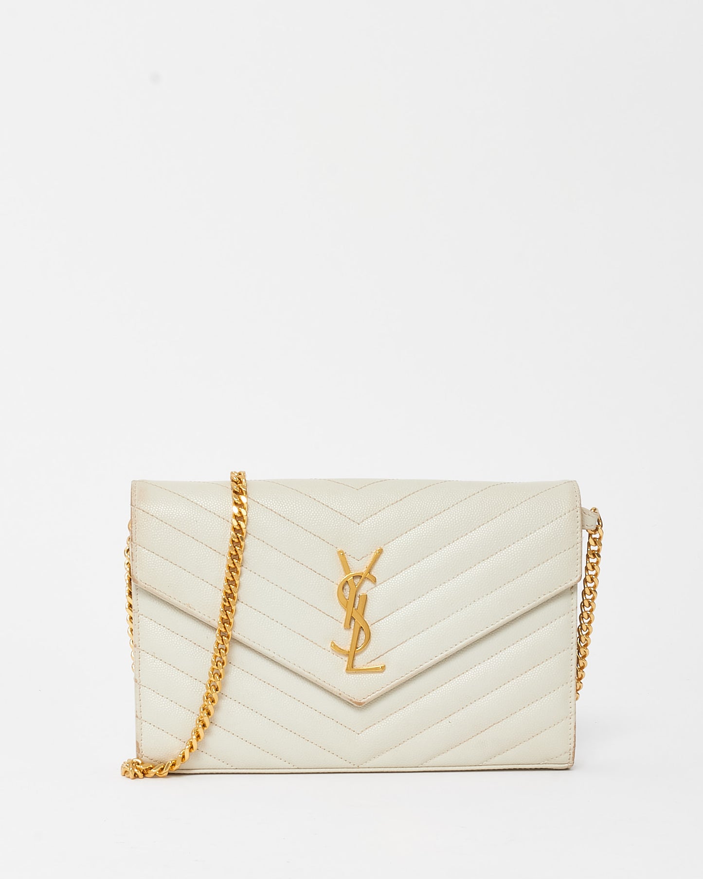 Saint Laurent White Grain de Poudre Leather Classic Cassandre Chain Wallet Crossbody GHW