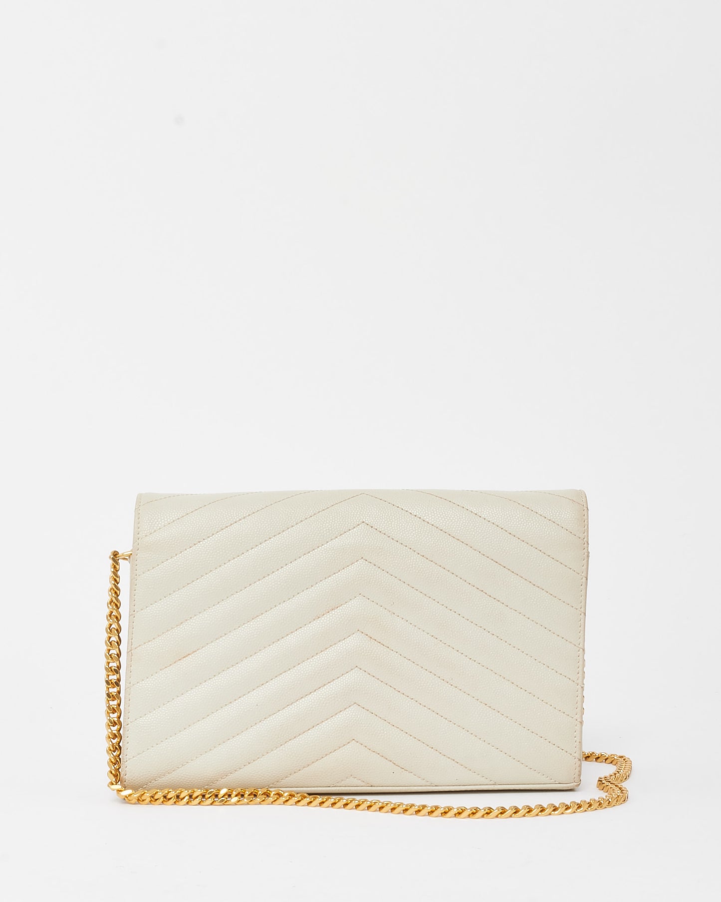 Saint Laurent White Grain de Poudre Leather Classic Cassandre Chain Wallet Crossbody GHW