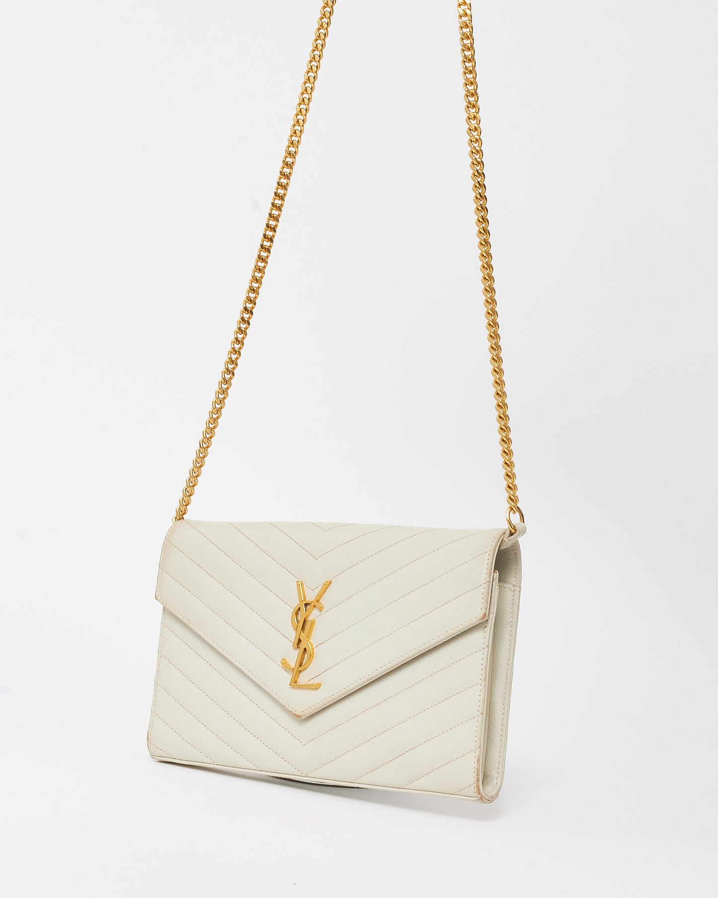 Saint Laurent White Grain de Poudre Leather Classic Cassandre Chain Wallet Crossbody GHW