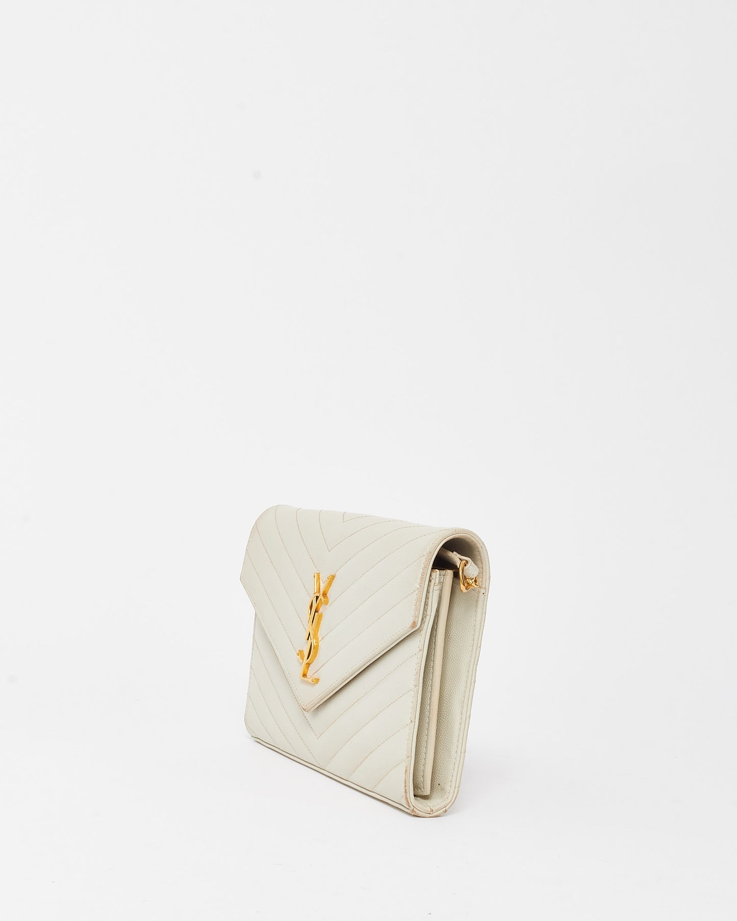 Saint Laurent White Grain de Poudre Leather Classic Cassandre Chain Wallet Crossbody GHW