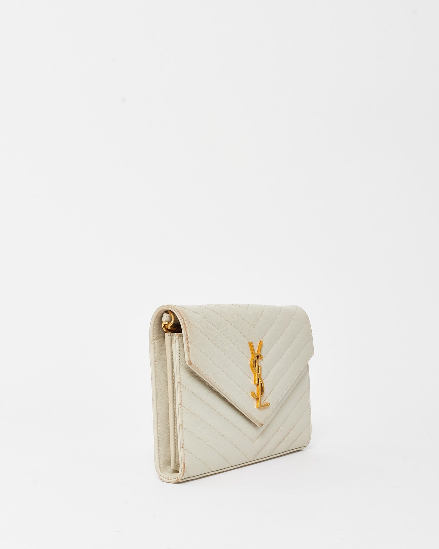 Saint Laurent White Grain de Poudre Leather Classic Cassandre Chain Wallet Crossbody GHW