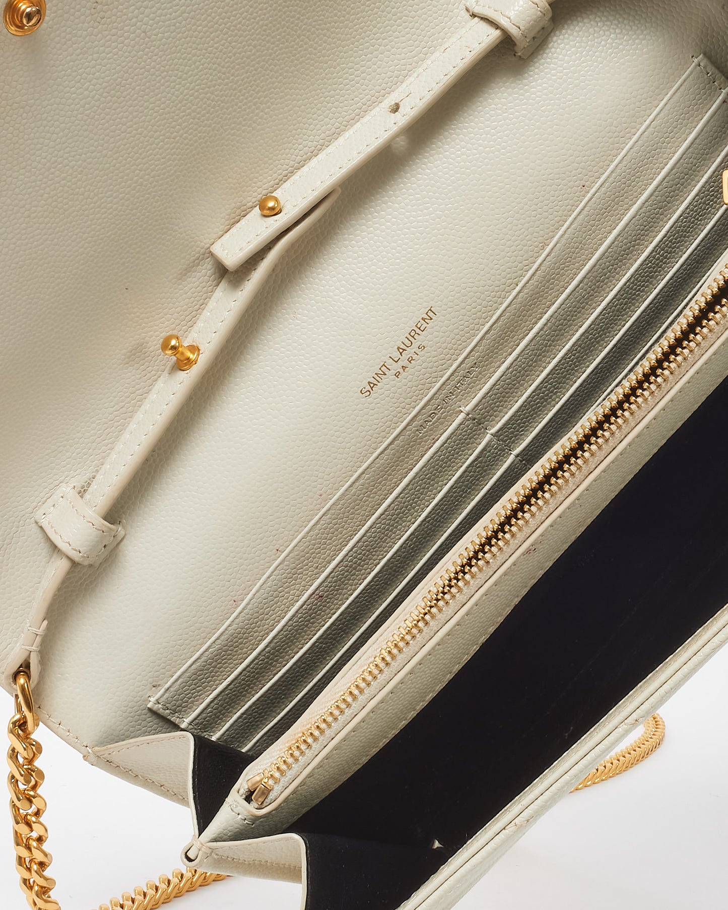 Saint Laurent White Grain de Poudre Leather Classic Cassandre Chain Wallet Crossbody GHW