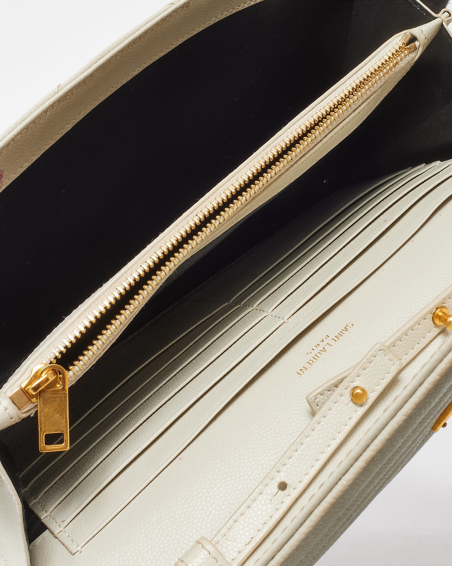 Saint Laurent White Grain de Poudre Leather Classic Cassandre Chain Wallet Crossbody GHW