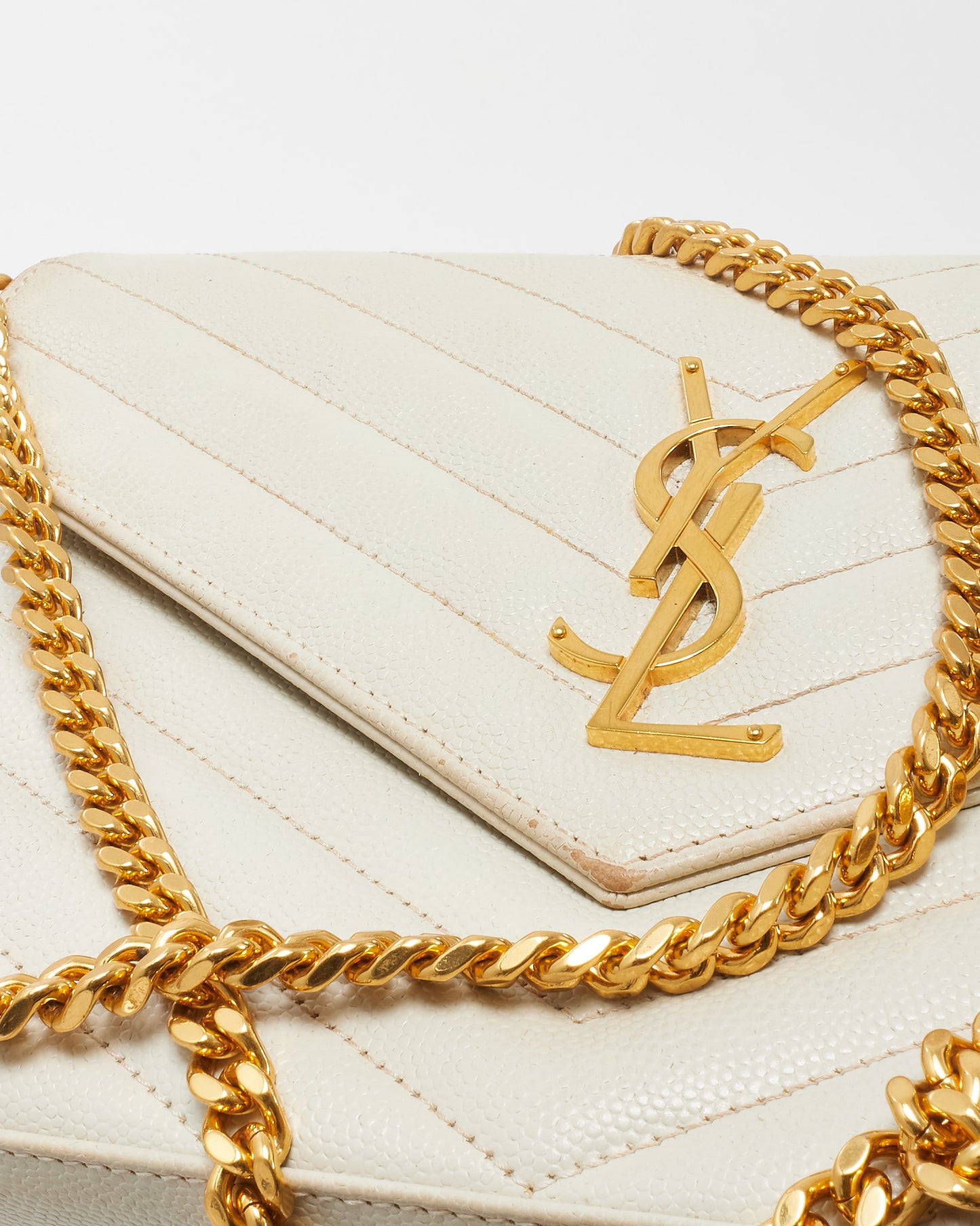Saint Laurent White Grain de Poudre Leather Classic Cassandre Chain Wallet Crossbody GHW