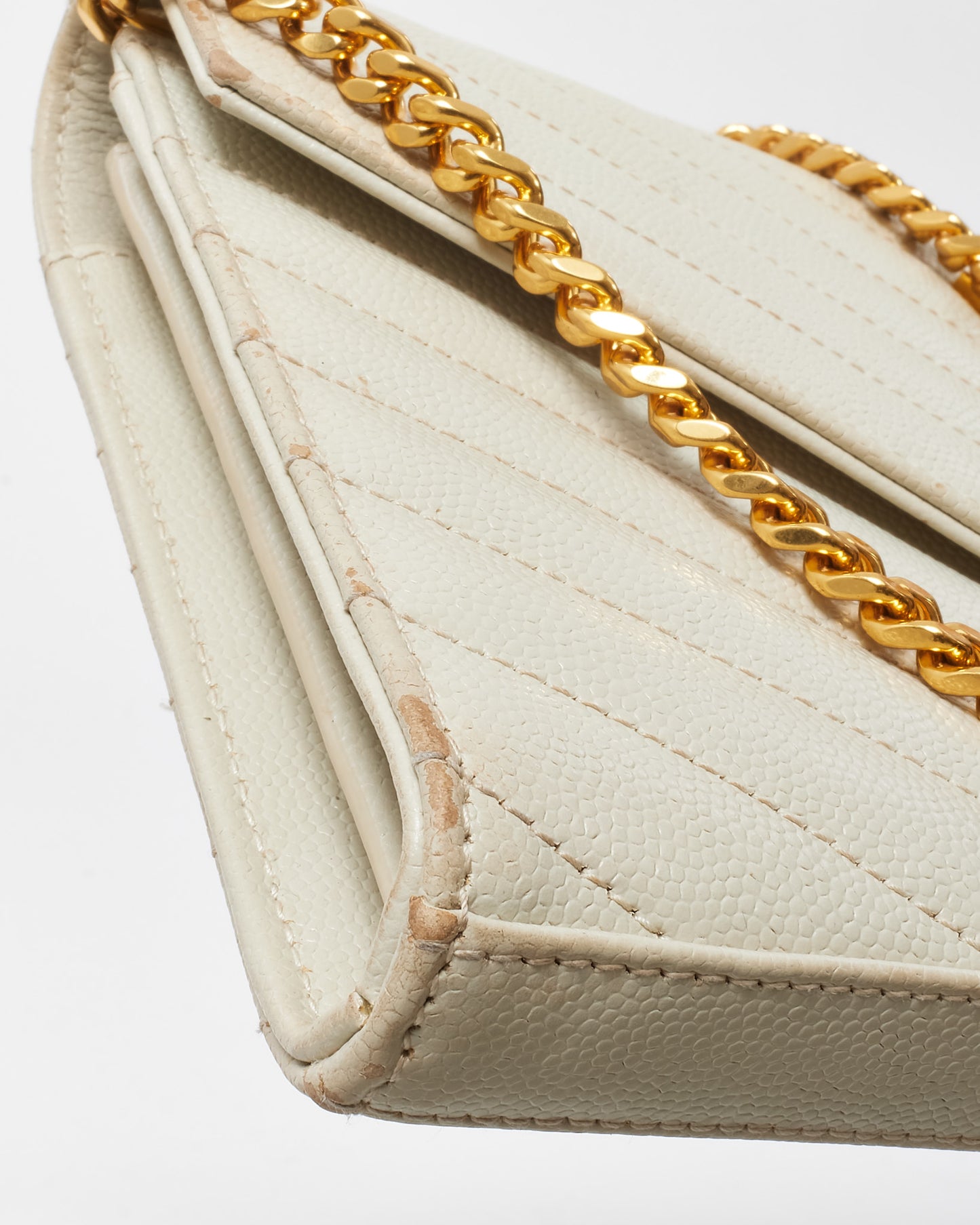 Saint Laurent White Grain de Poudre Leather Classic Cassandre Chain Wallet Crossbody GHW