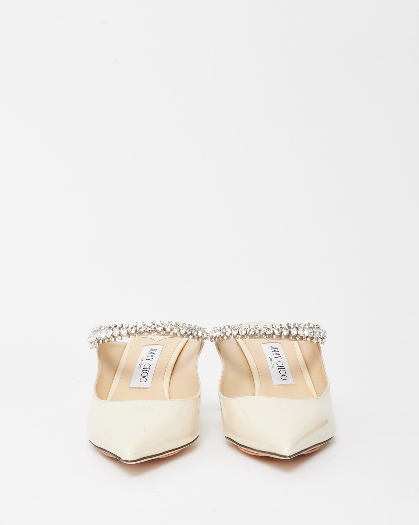 Jimmy Choo Linen White Patent Leather Crystal Bing 65mm Heeled Mules - 41