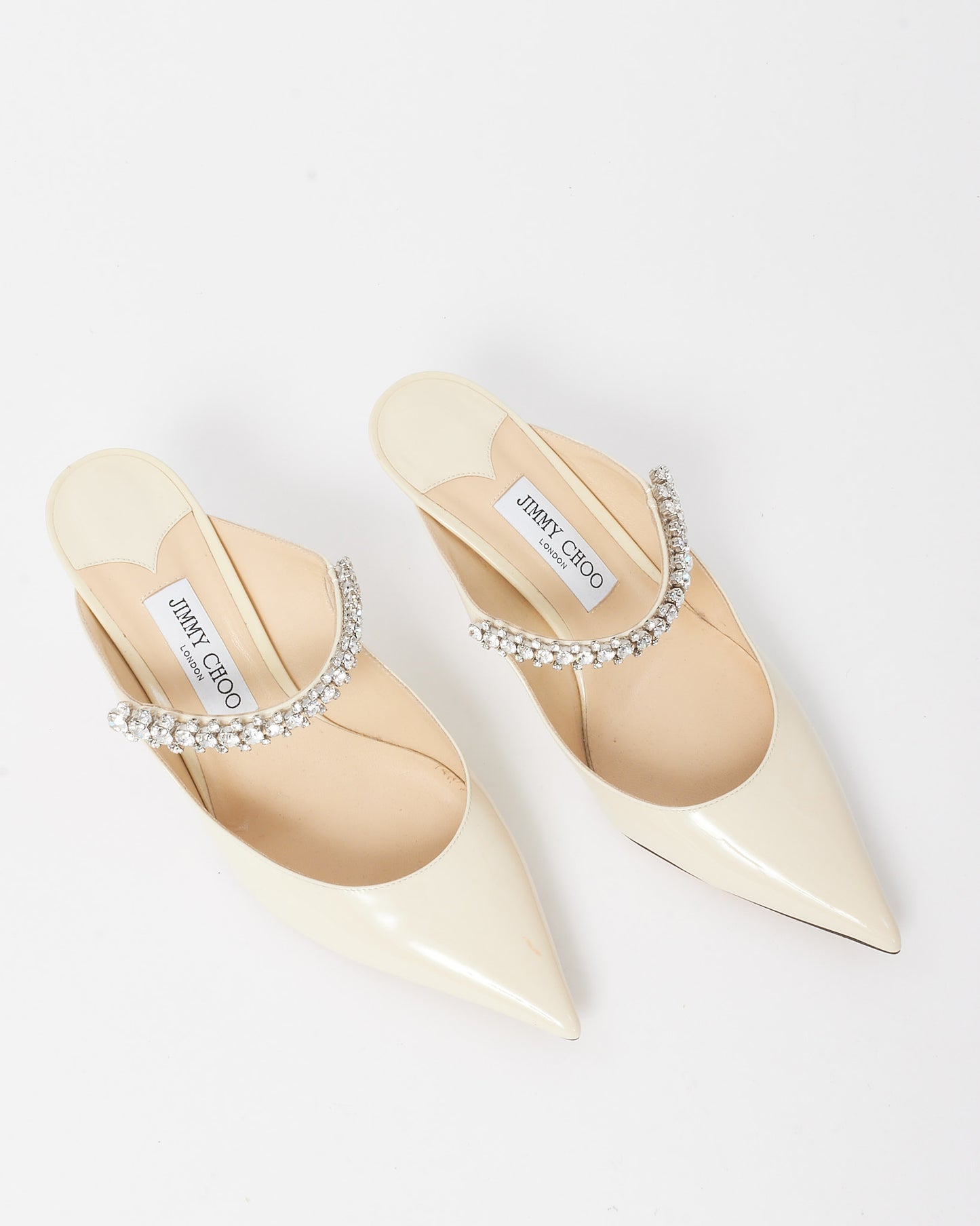 Jimmy Choo Linen White Patent Leather Crystal Bing 65mm Heeled Mules - 41