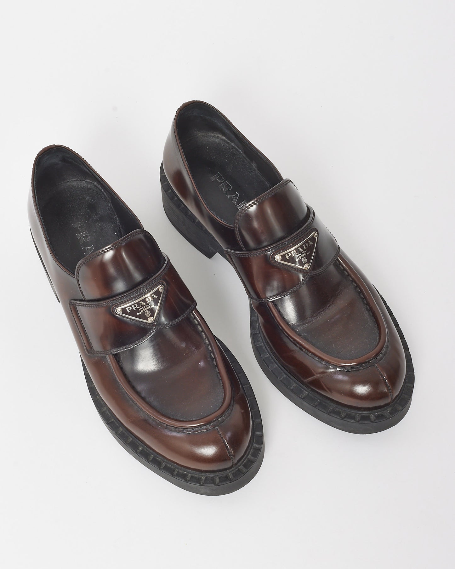 Prada Brown Brushed Leather Chocolate Logo Loafers - 40.5