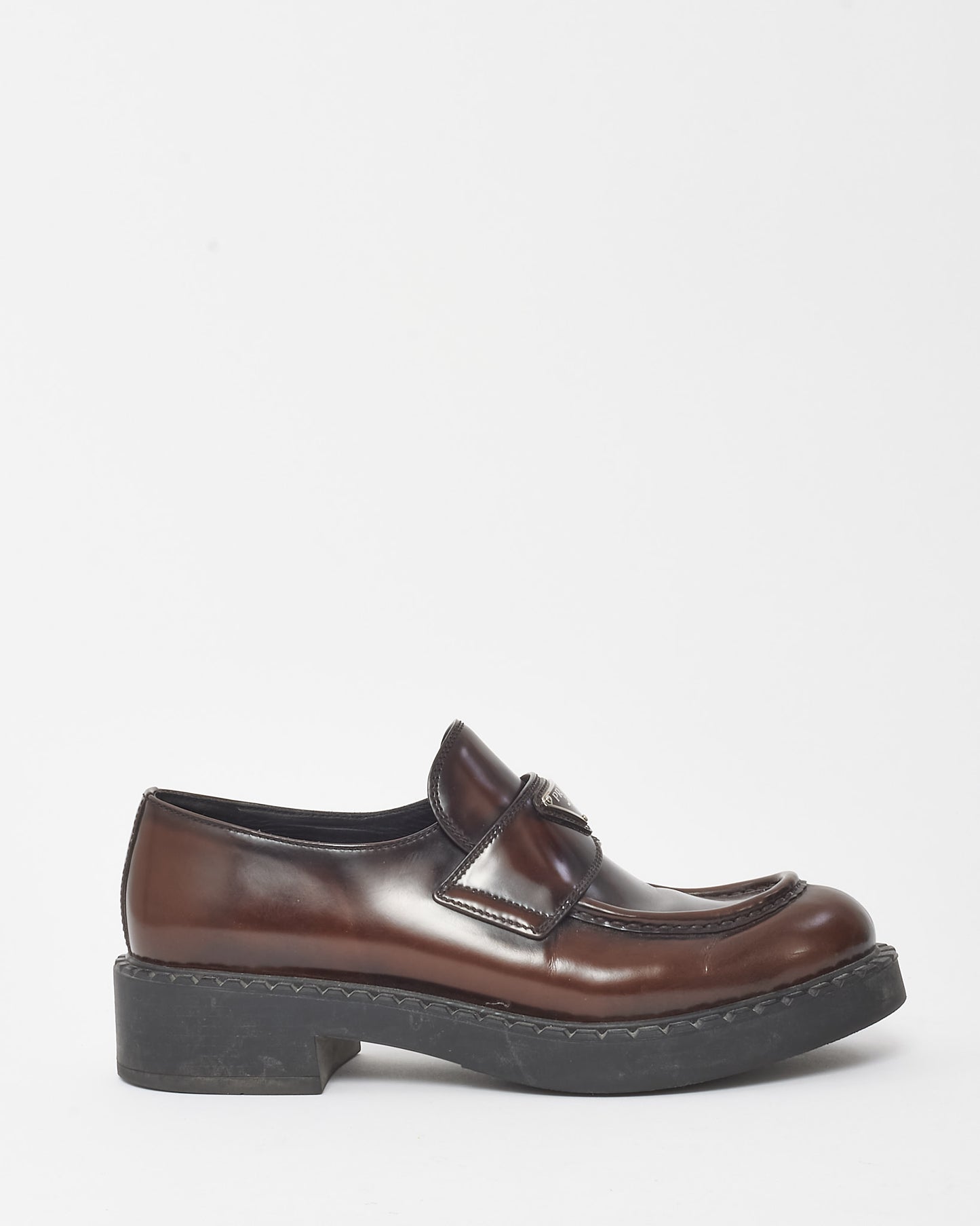 Prada Brown Brushed Leather Chocolate Logo Loafers - 40.5