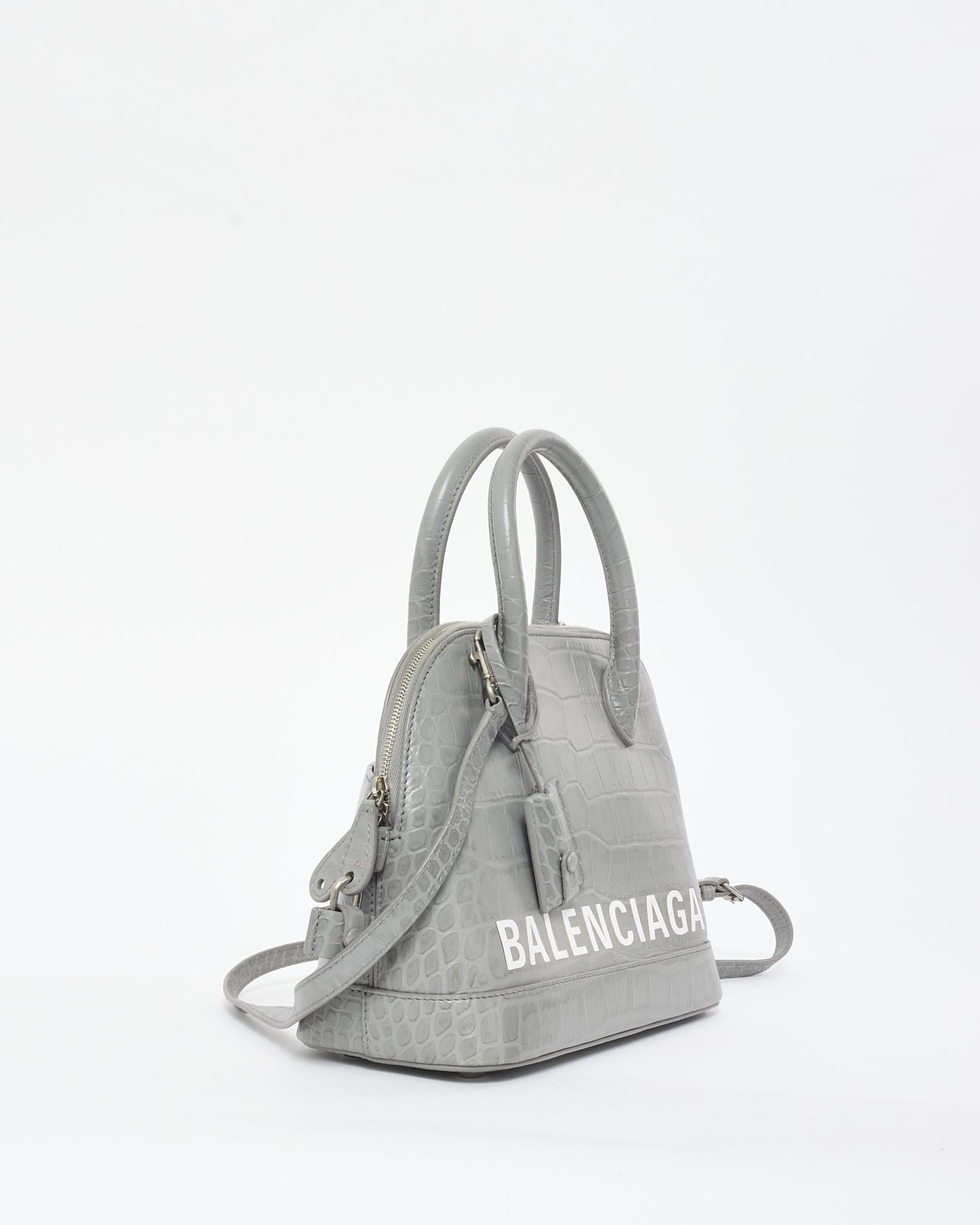 Balenciaga Light Grey Croc Embossed White Logo Ville Small Top Handle Bag