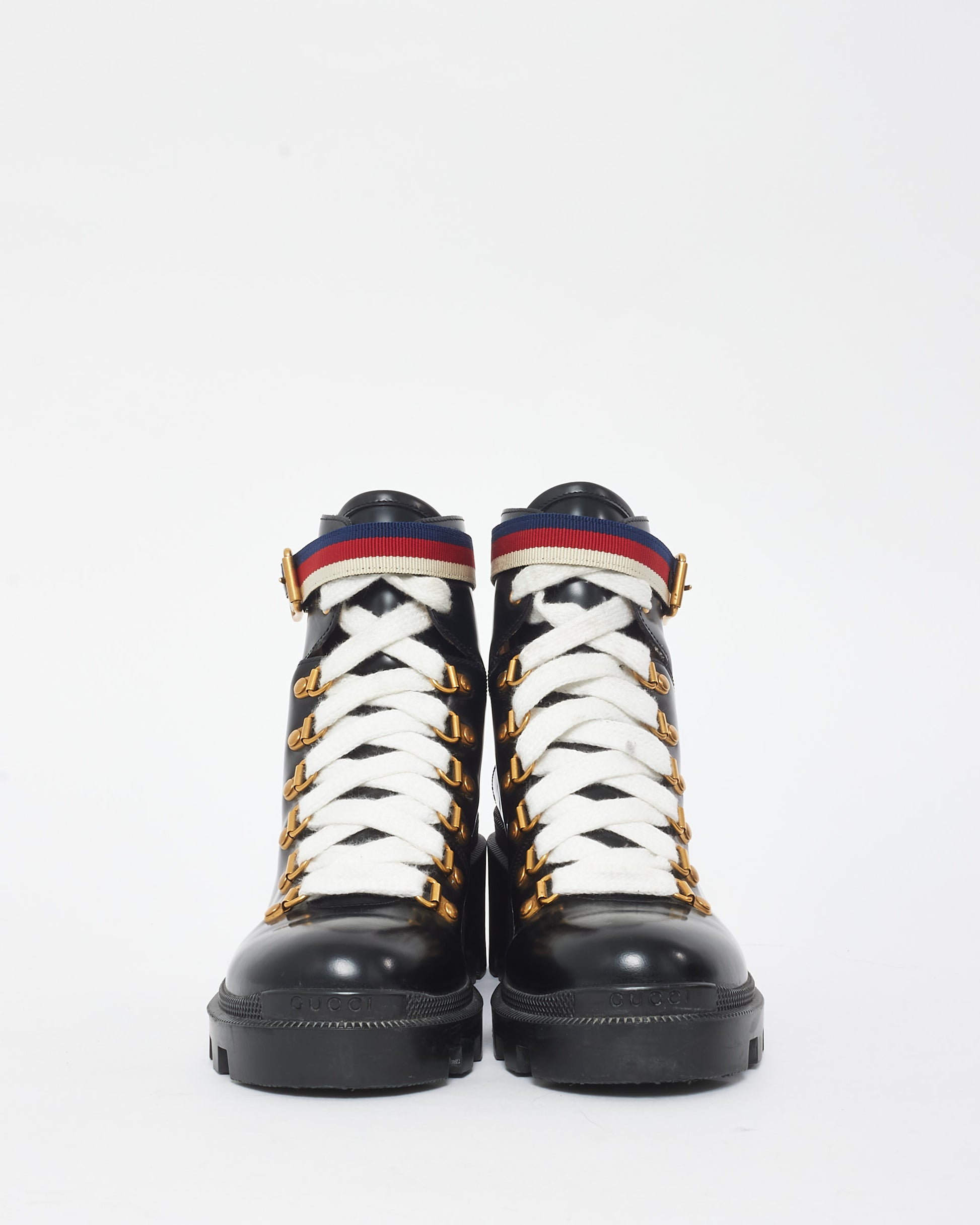 Buy Gucci Black Patent Leather Web Sylvie Combat Boots
