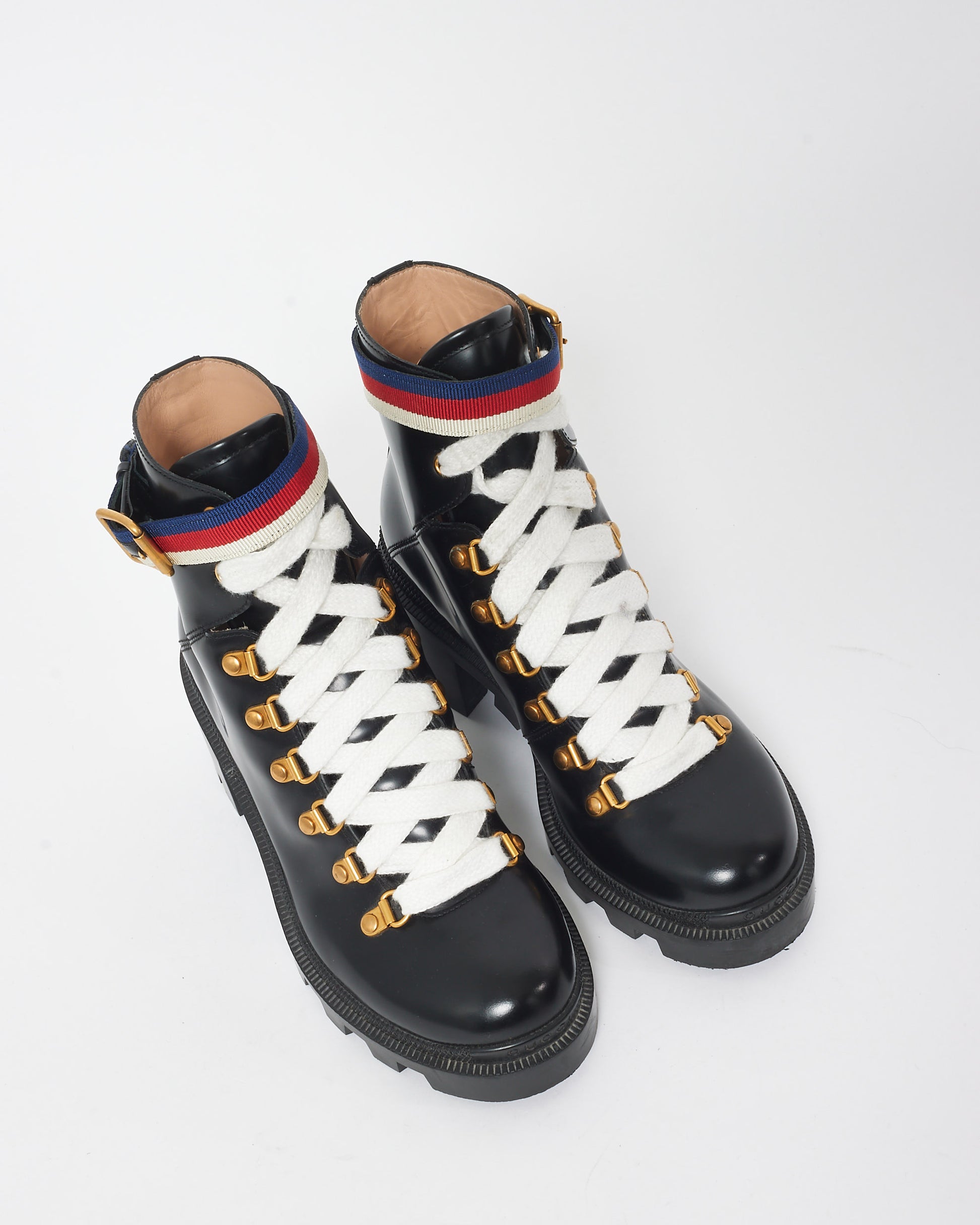 Buy Gucci Black Patent Leather Web Sylvie Combat Boots