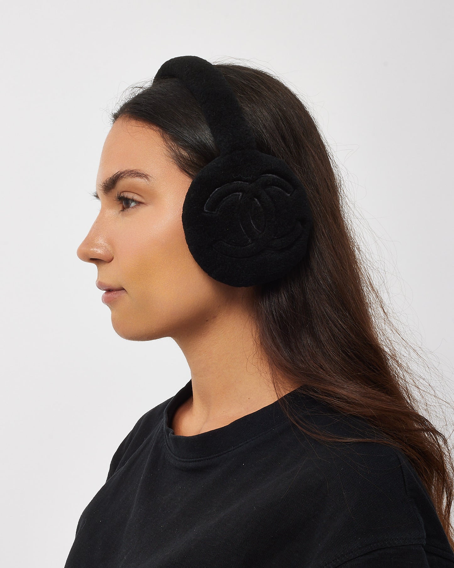 Chanel Black Shearling CC Logo Ear Muffs
