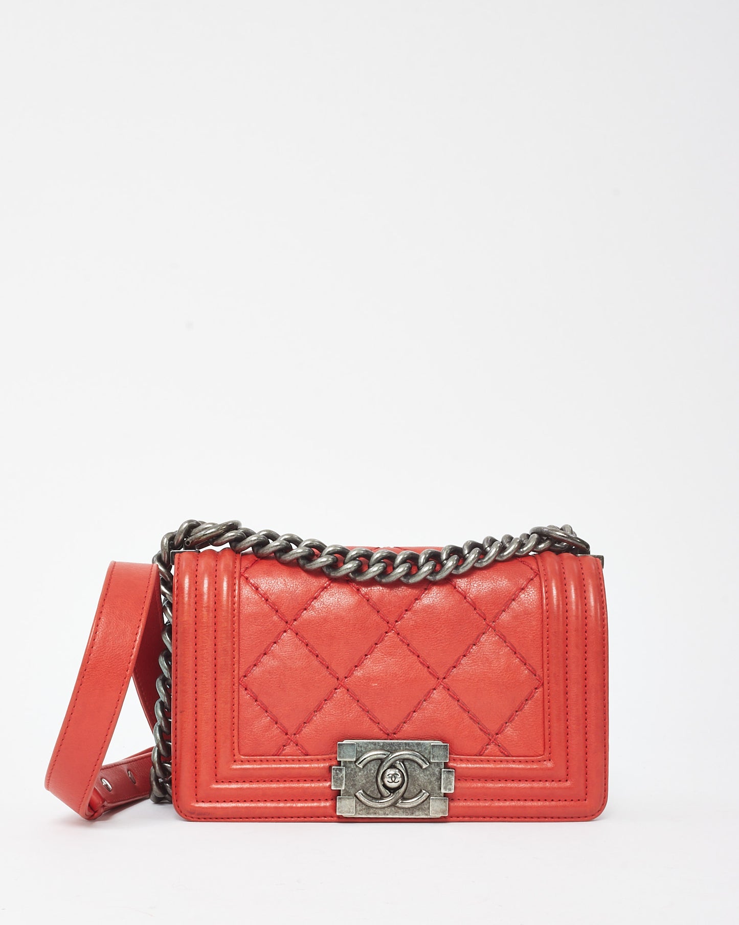 Chanel Red Calfskin Leather Double Stitch Small Boy Flap Bag
