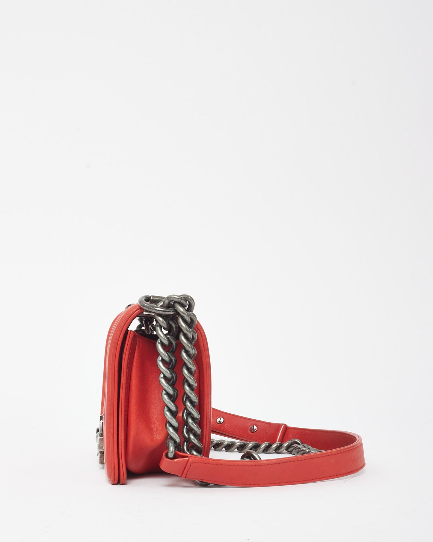 Chanel Red Calfskin Leather Double Stitch Small Boy Flap Bag