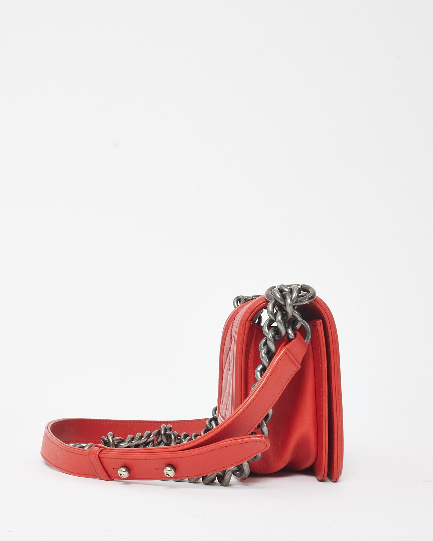 Chanel Red Calfskin Leather Double Stitch Small Boy Flap Bag