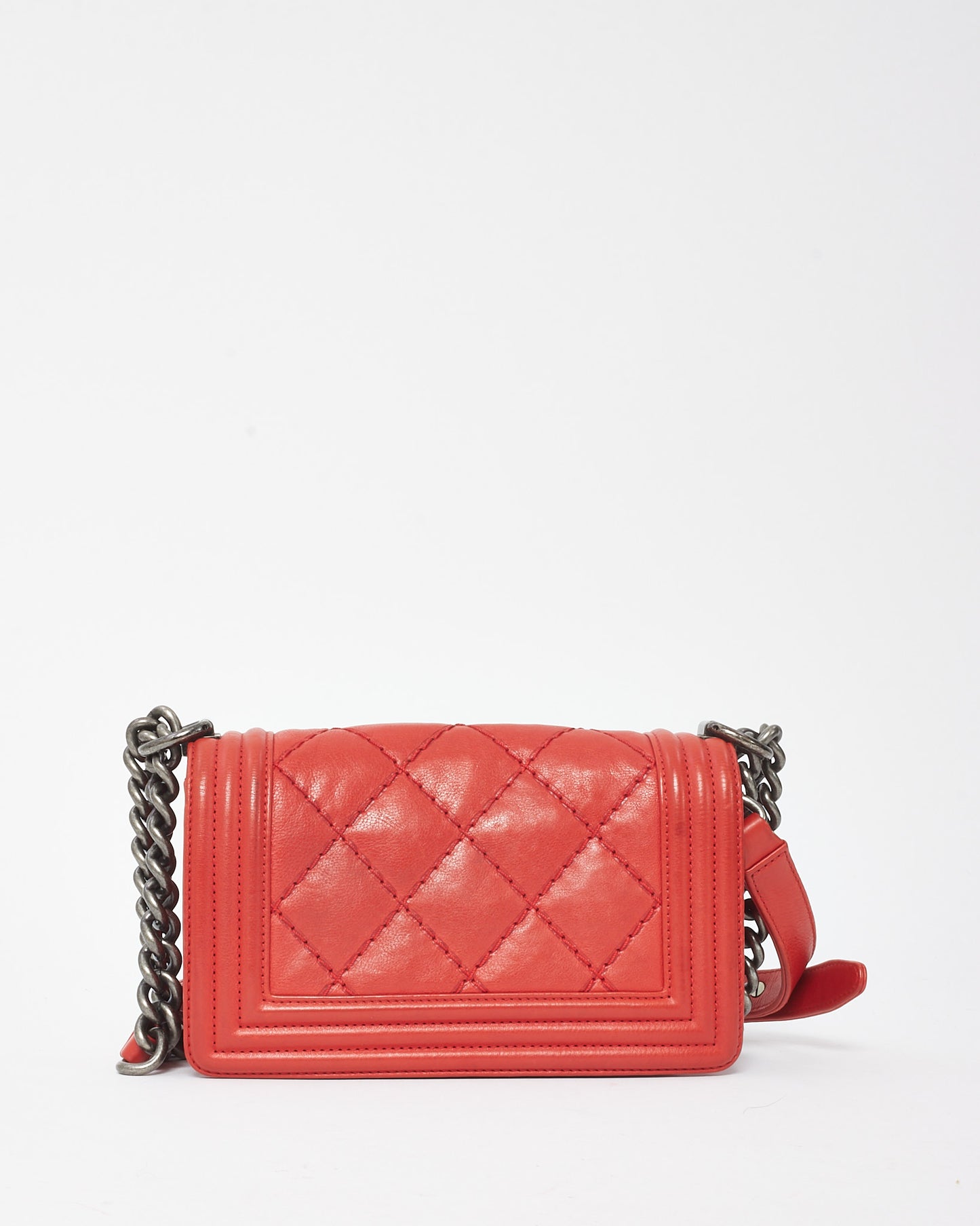 Chanel Red Calfskin Leather Double Stitch Small Boy Flap Bag