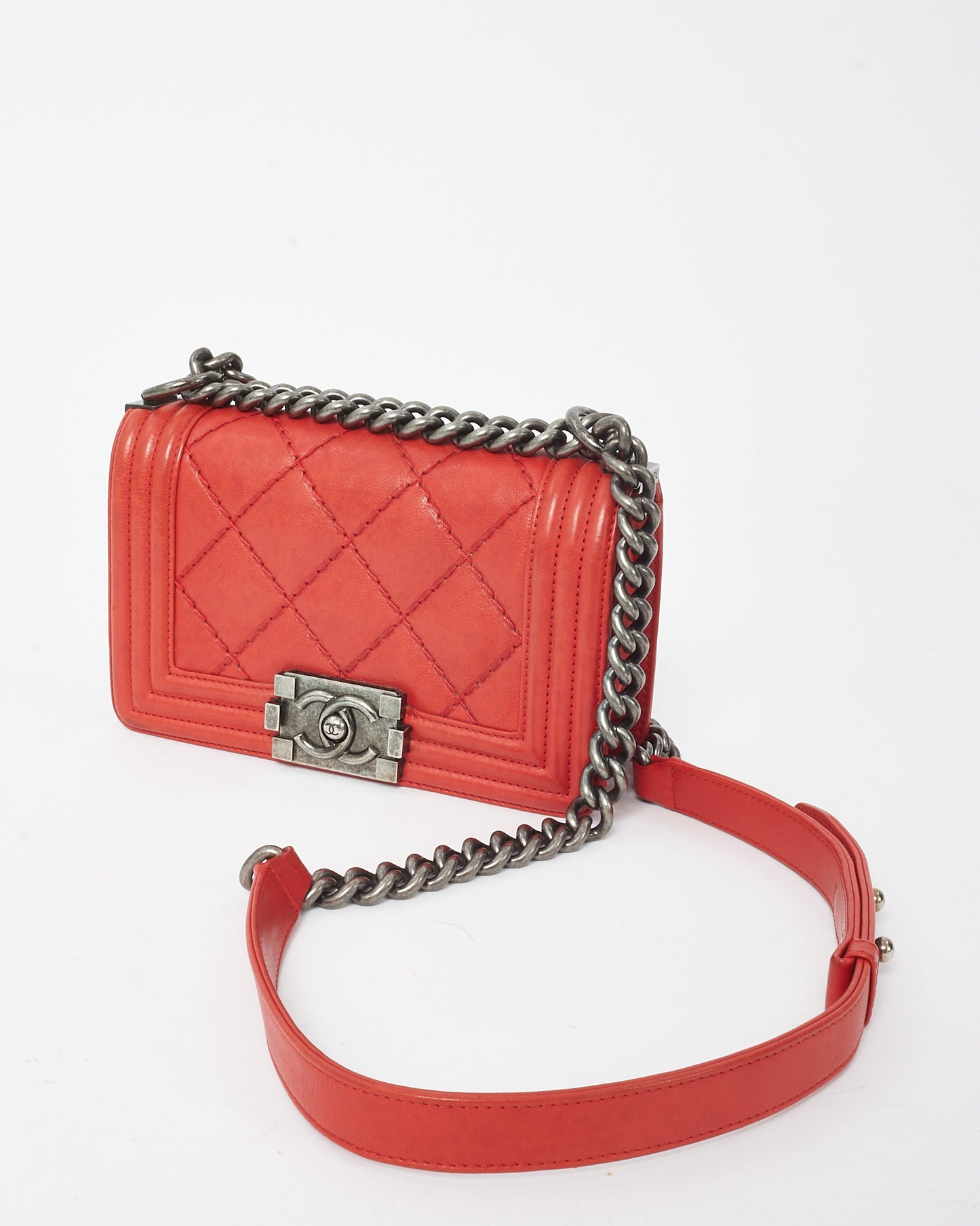 Chanel Red Calfskin Leather Double Stitch Small Boy Flap Bag
