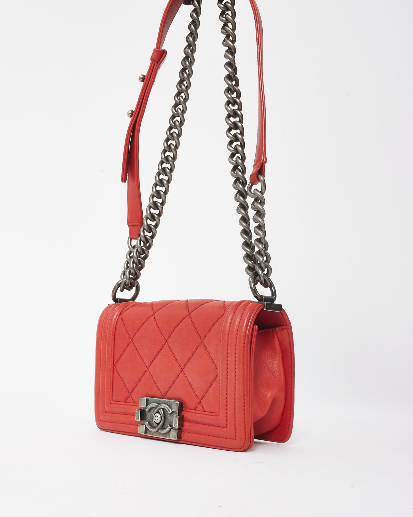 Chanel Red Calfskin Leather Double Stitch Small Boy Flap Bag