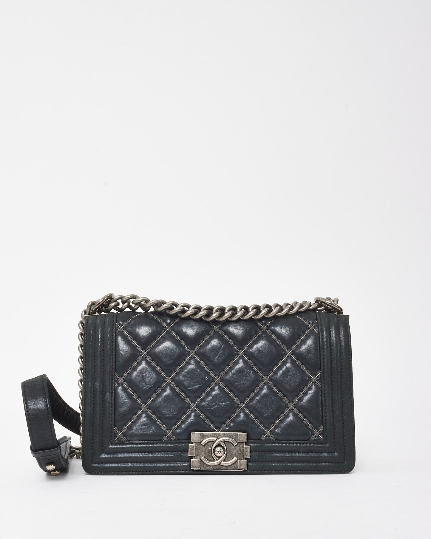 Chanel Black Calfskin Leather Double Stitch Medium Boy Flap Bag