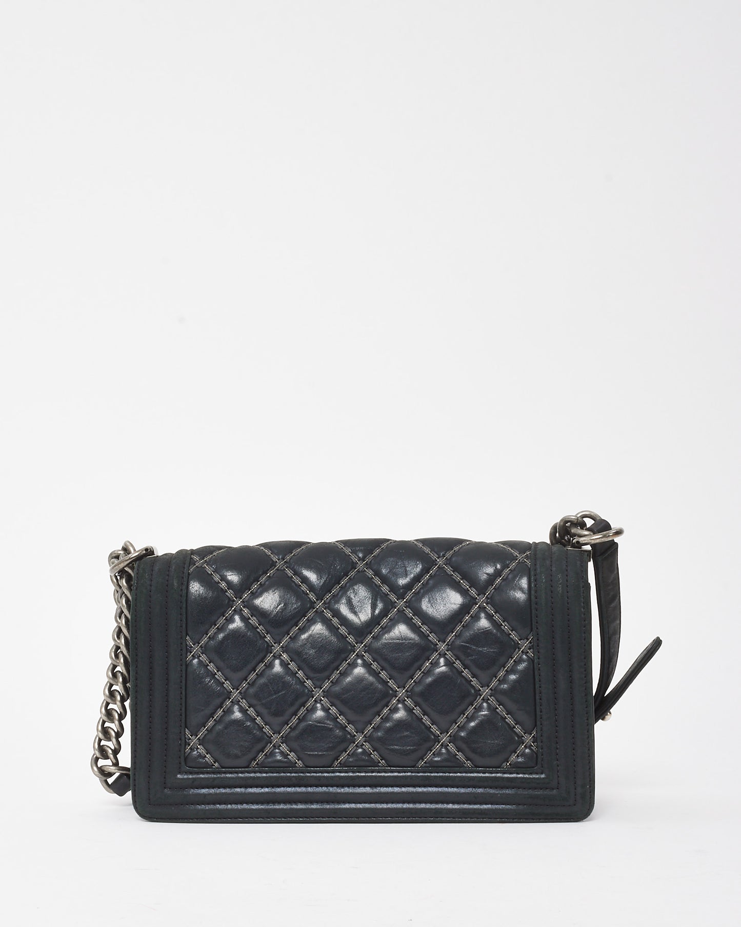 Chanel Black Calfskin Leather Double Stitch Medium Boy Flap Bag