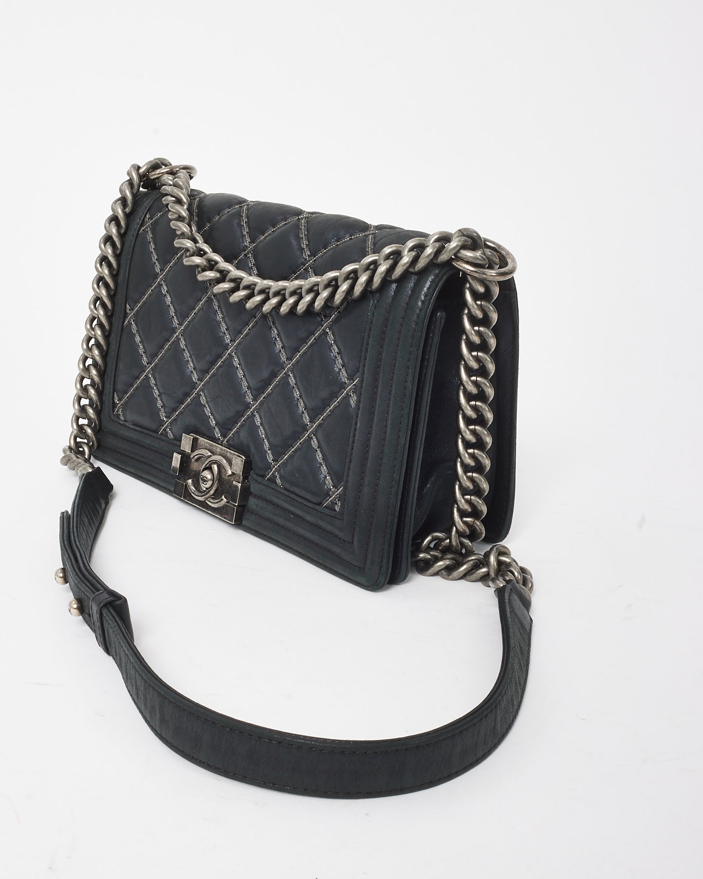 Chanel Black Calfskin Leather Double Stitch Medium Boy Flap Bag