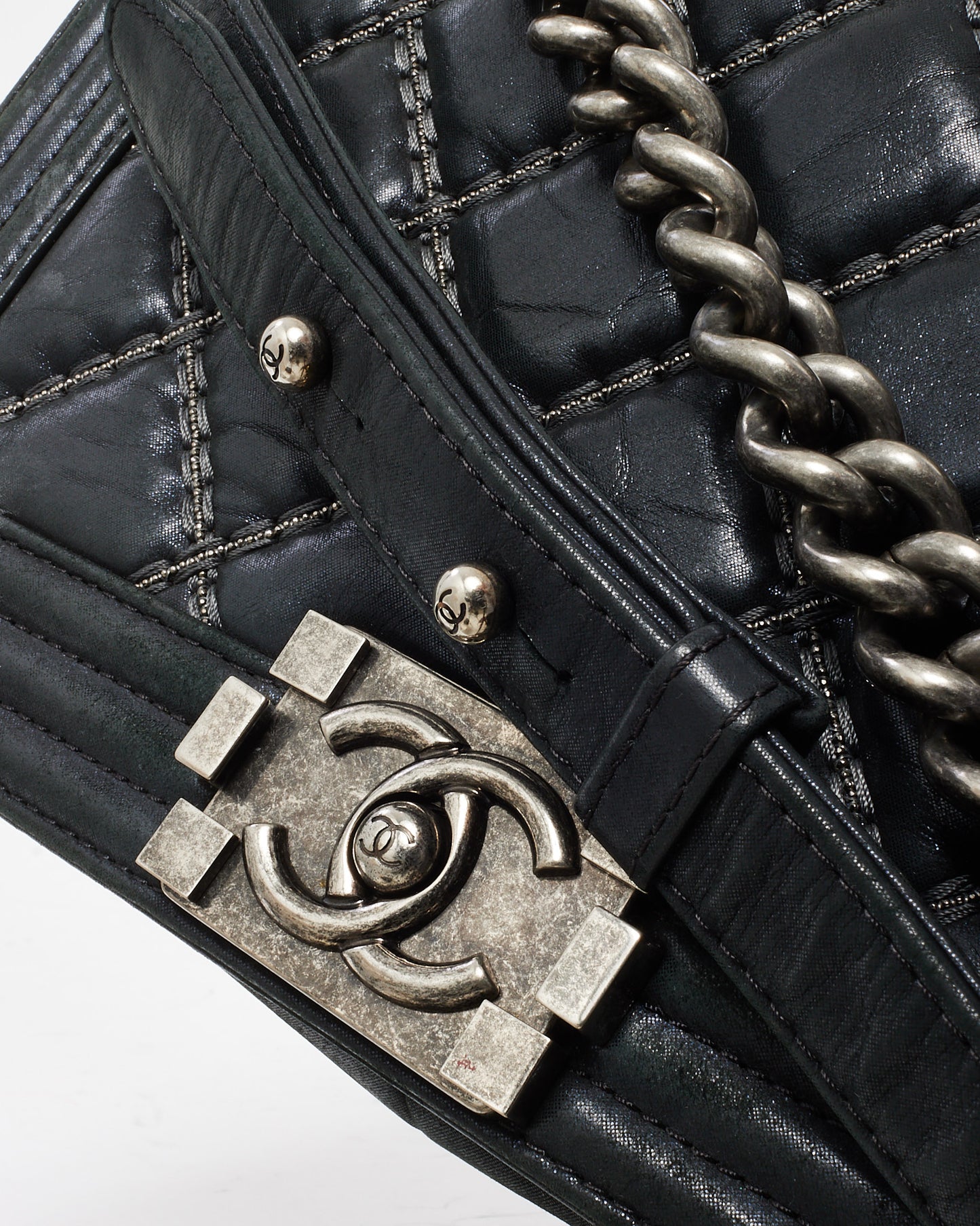 Chanel Black Calfskin Leather Double Stitch Medium Boy Flap Bag