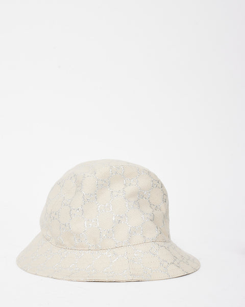 Buy Gucci Neutral Beige Wool Knit Siver Lame GG Monogram Bucket