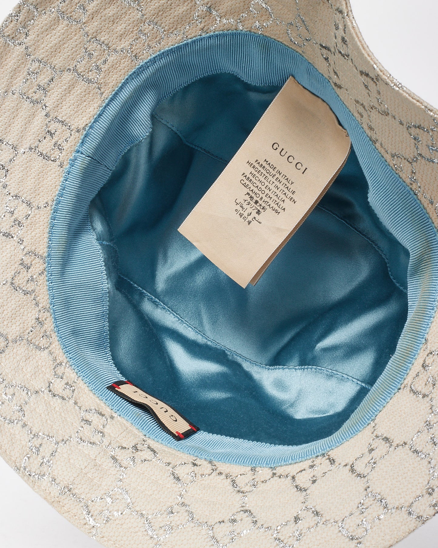 Gucci Neutral Beige Wool Knit Siver Lame GG Monogram Bucket Hat - S