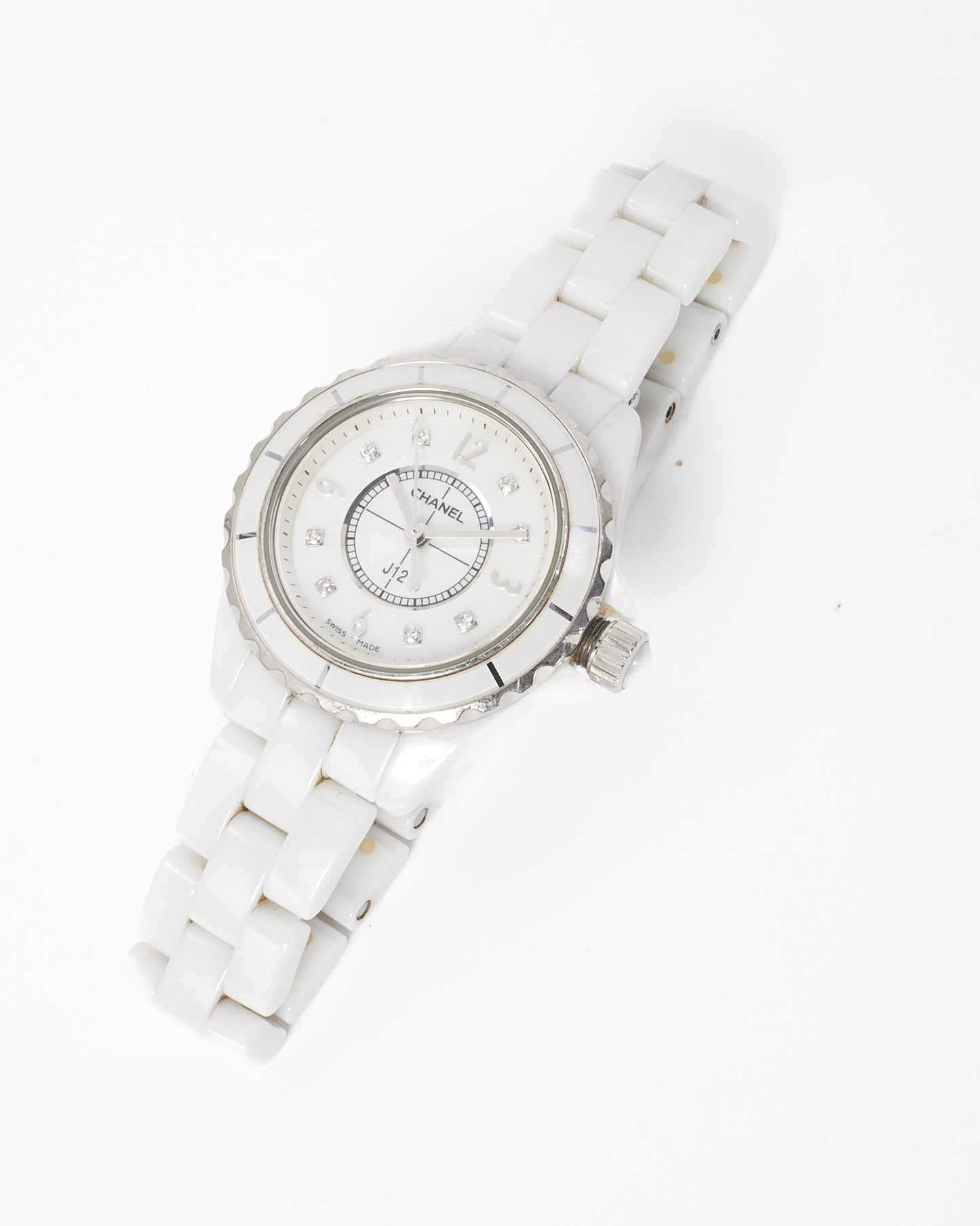 Chanel White Ceramic Diamond Indicators J12 Watch 33mm