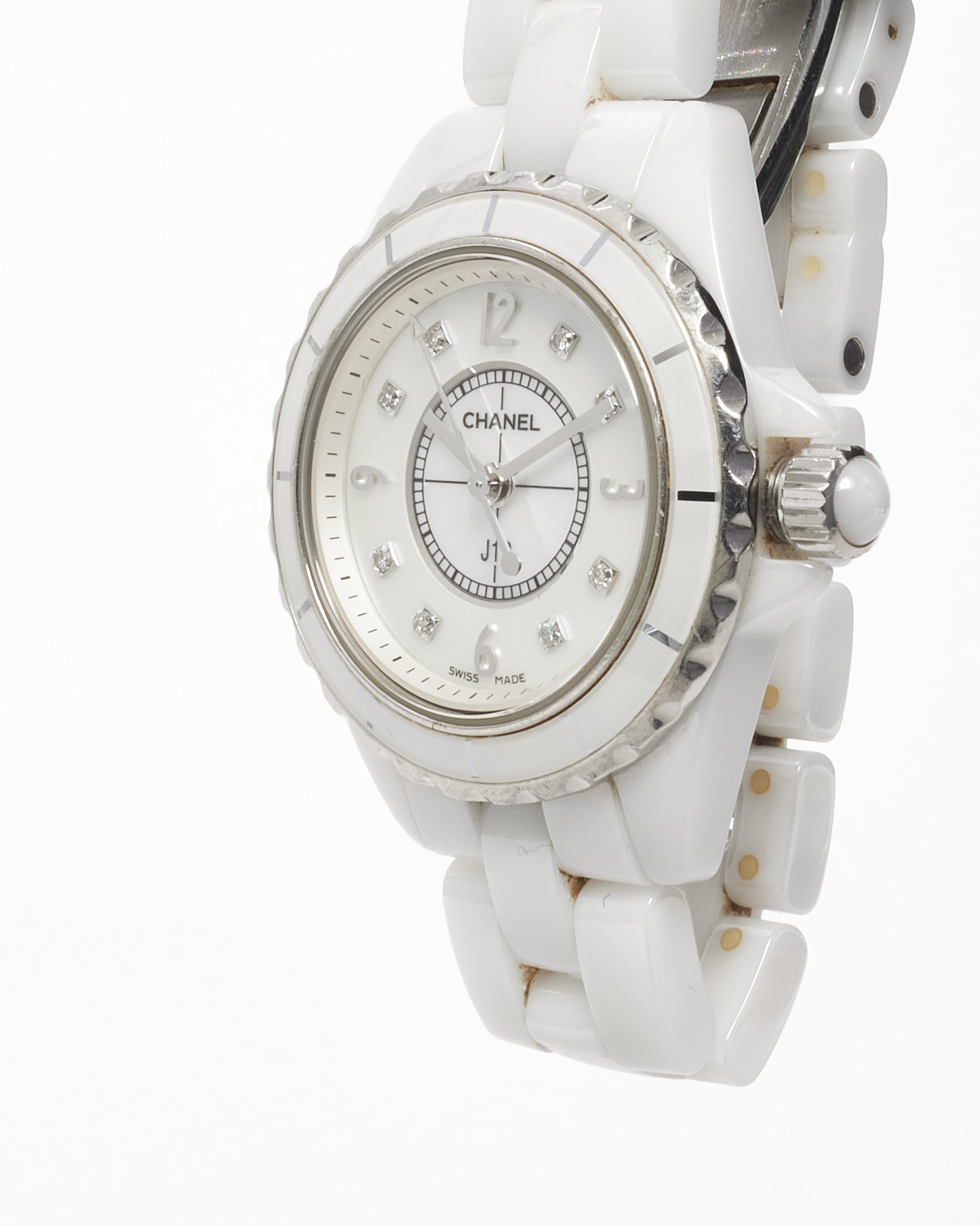Chanel White Ceramic Diamond Indicators J12 Watch 33mm