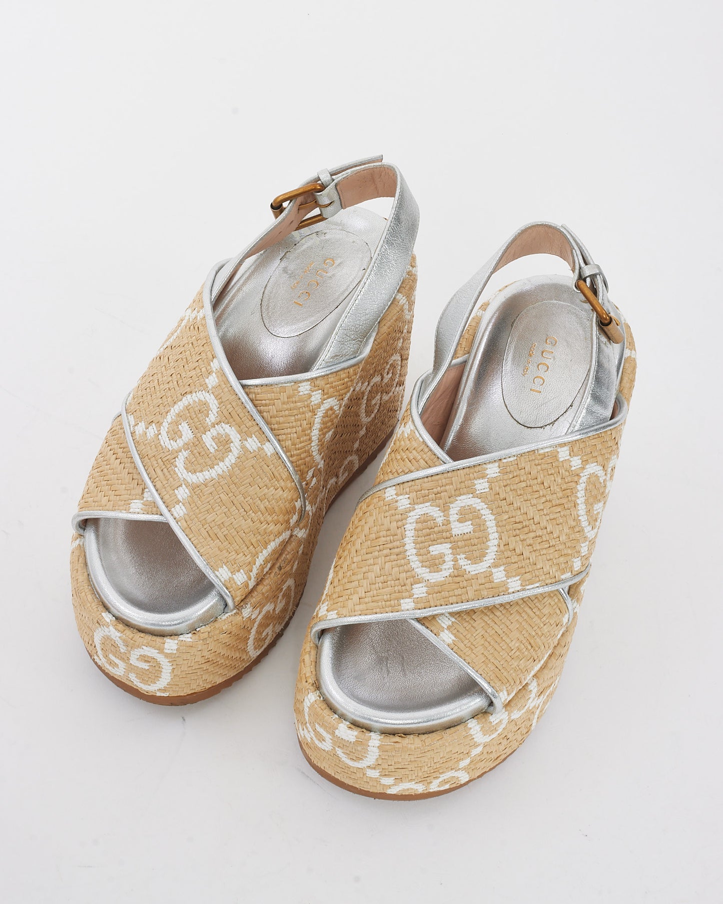 Gucci Beige Jumbo GG Logo Raffia and Leather Slingback Platform Sandals - 35.5