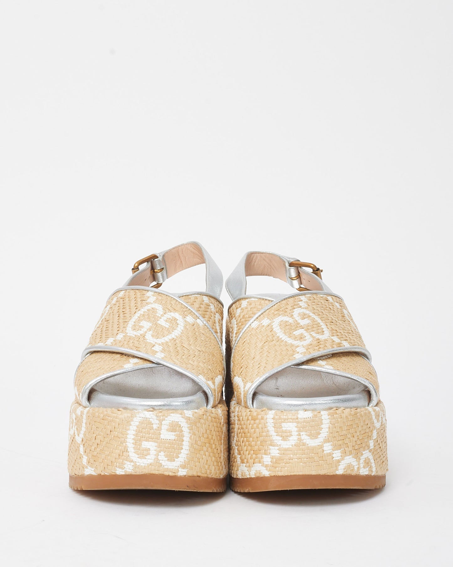 Gucci Beige Jumbo GG Logo Raffia and Leather Slingback Platform Sandals - 35.5