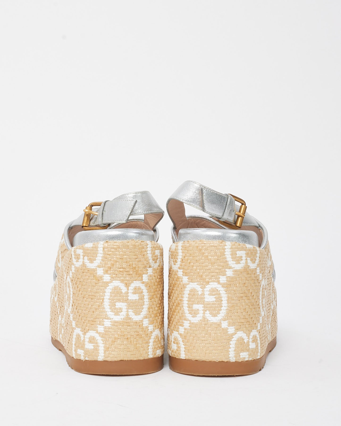 Gucci Beige Jumbo GG Logo Raffia and Leather Slingback Platform Sandals - 35.5