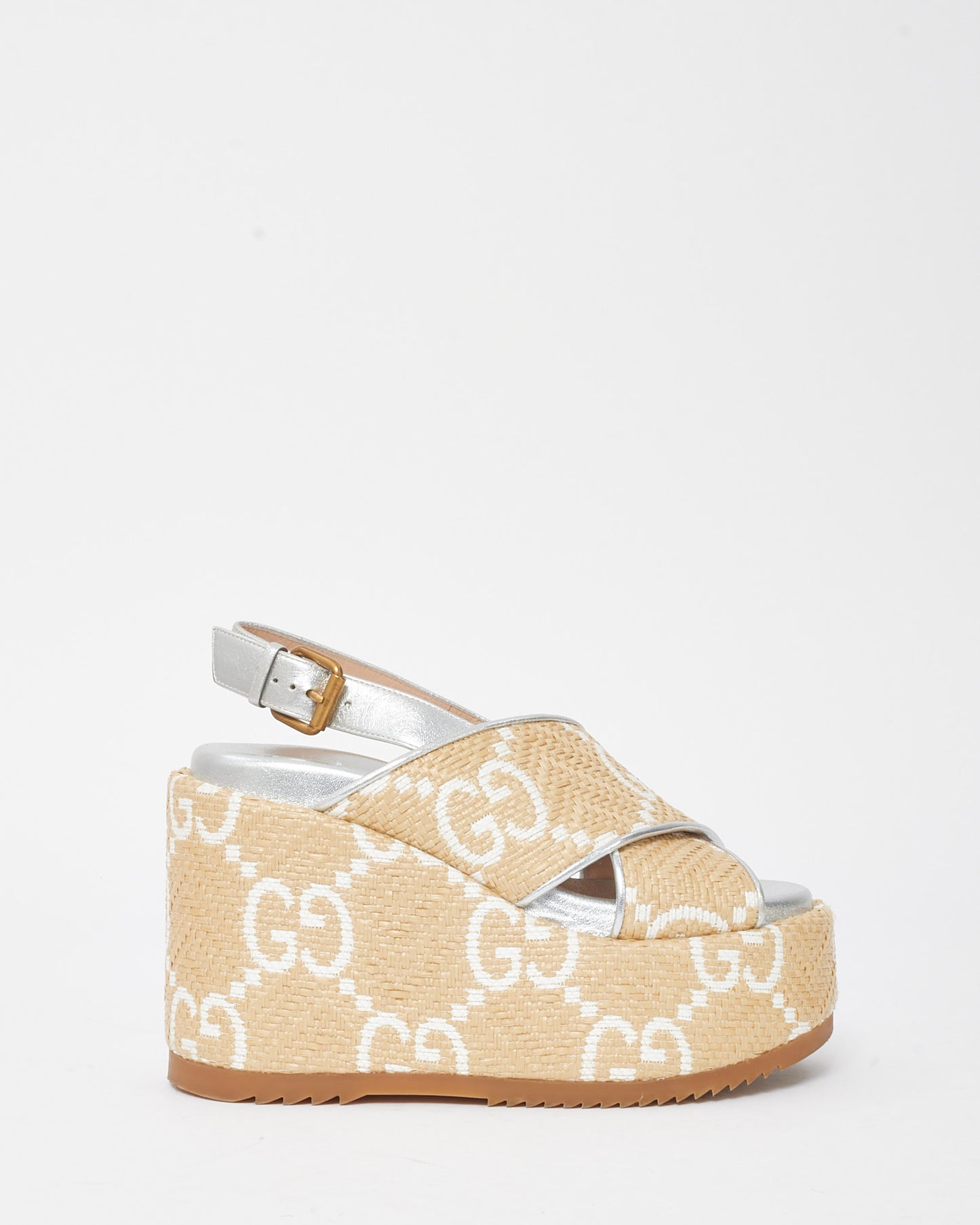 Gucci Beige Jumbo GG Logo Raffia and Leather Slingback Platform Sandals - 35.5