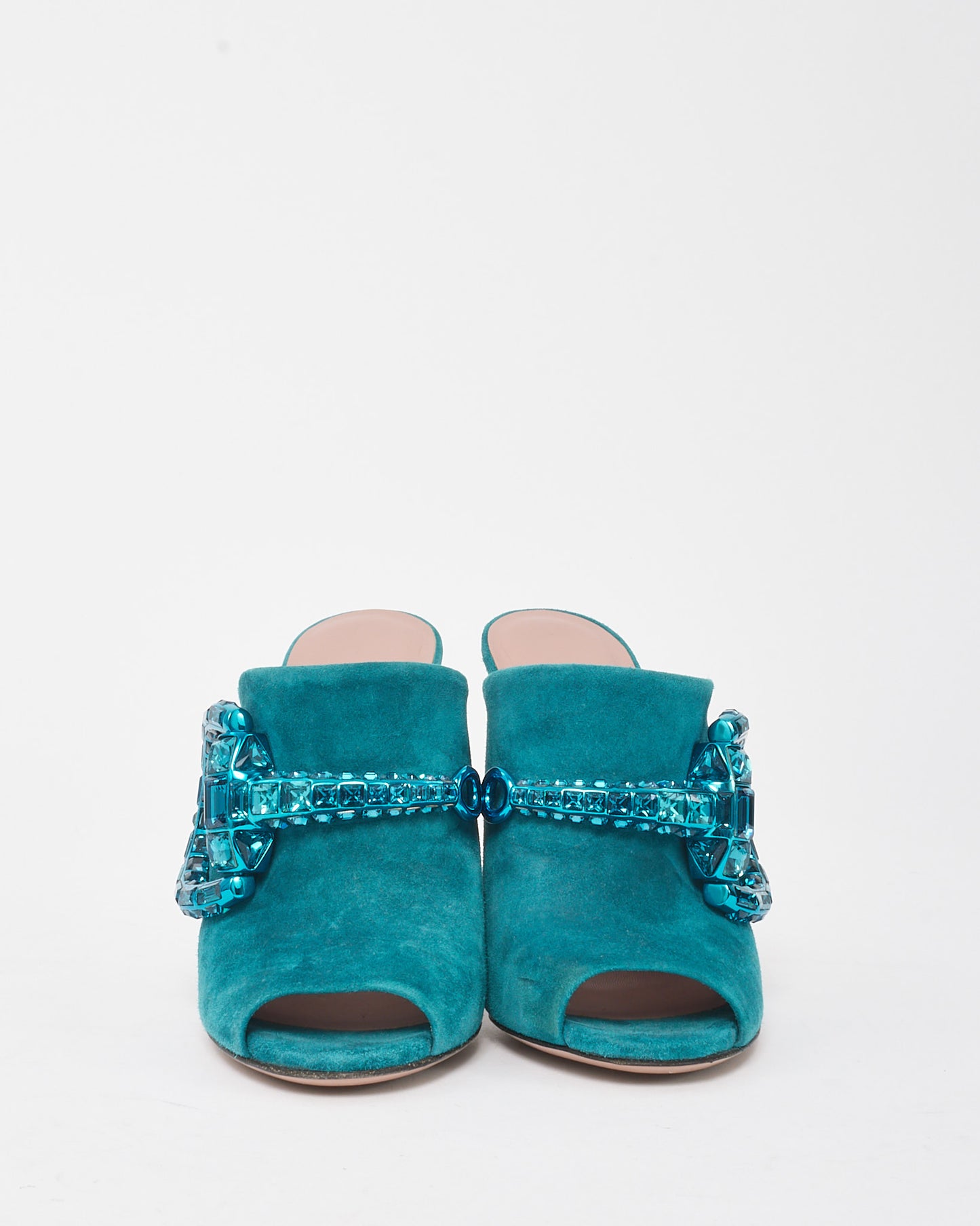 Gucci Turquoise Suede Maxime Crystal Horsebit Mule Heels - 35.5
