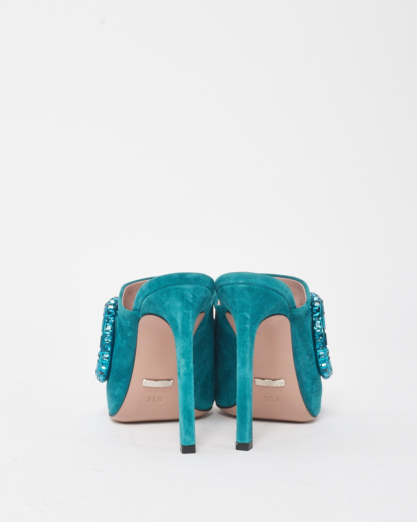Gucci Turquoise Suede Maxime Crystal Horsebit Mule Heels - 35.5