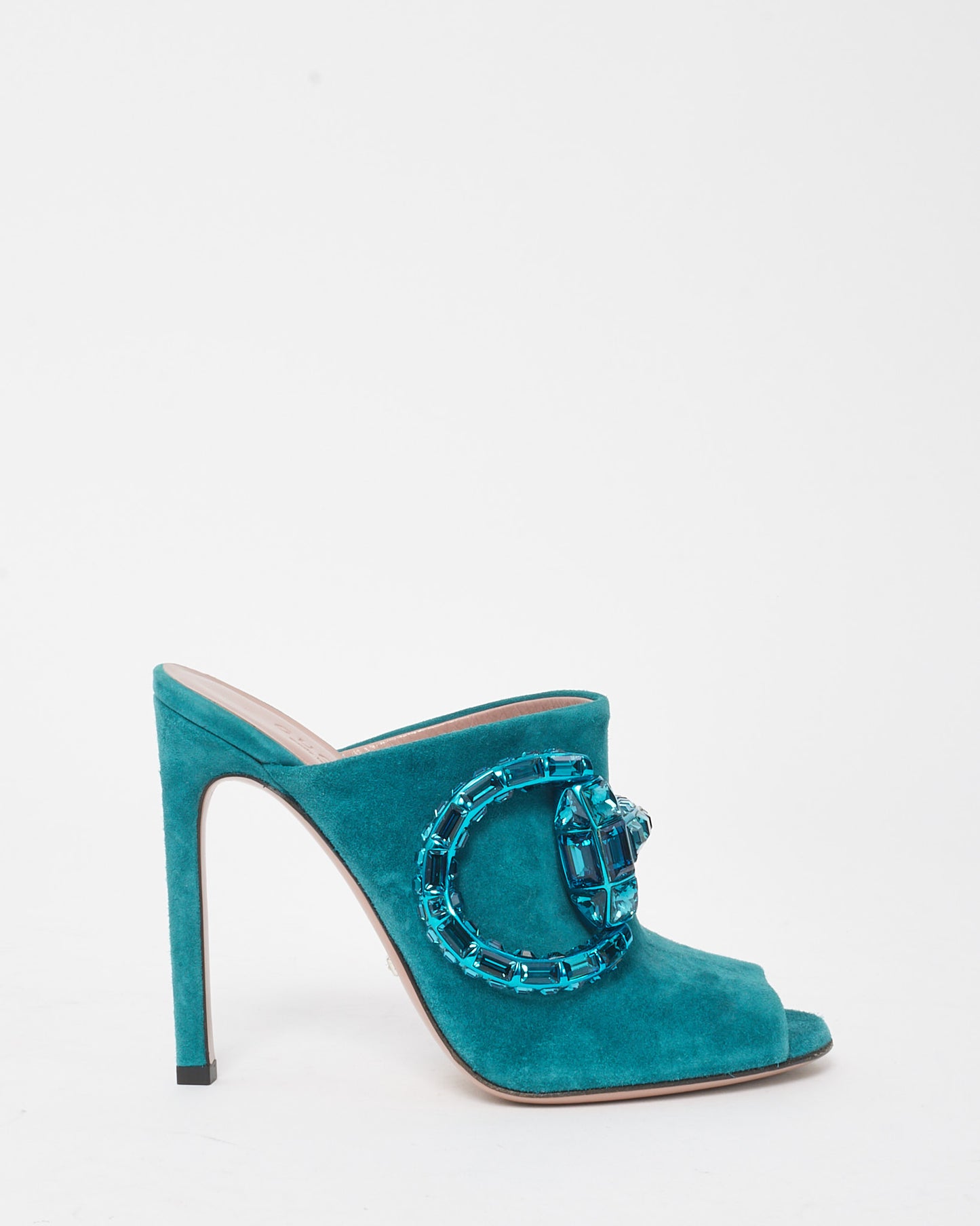 Gucci Turquoise Suede Maxime Crystal Horsebit Mule Heels - 35.5