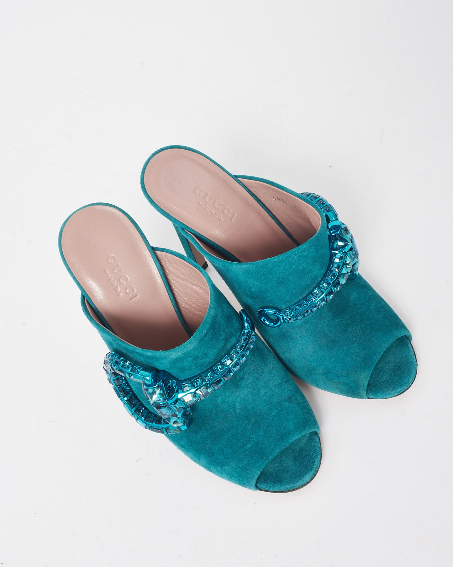 Gucci Turquoise Suede Maxime Crystal Horsebit Mule Heels - 35.5
