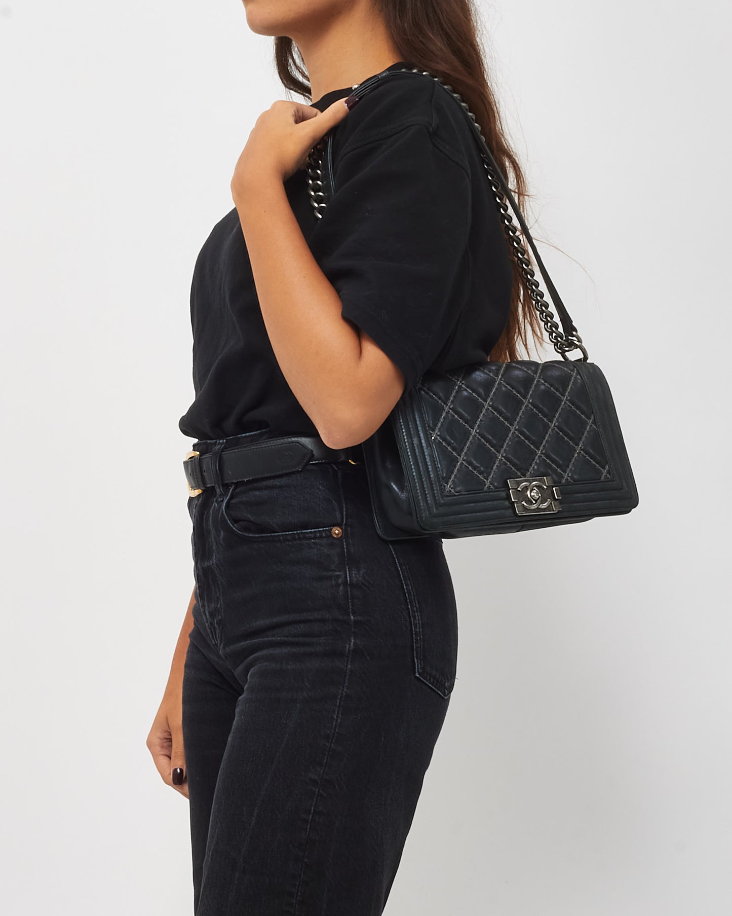 Chanel Black Calfskin Leather Double Stitch Medium Boy Flap Bag