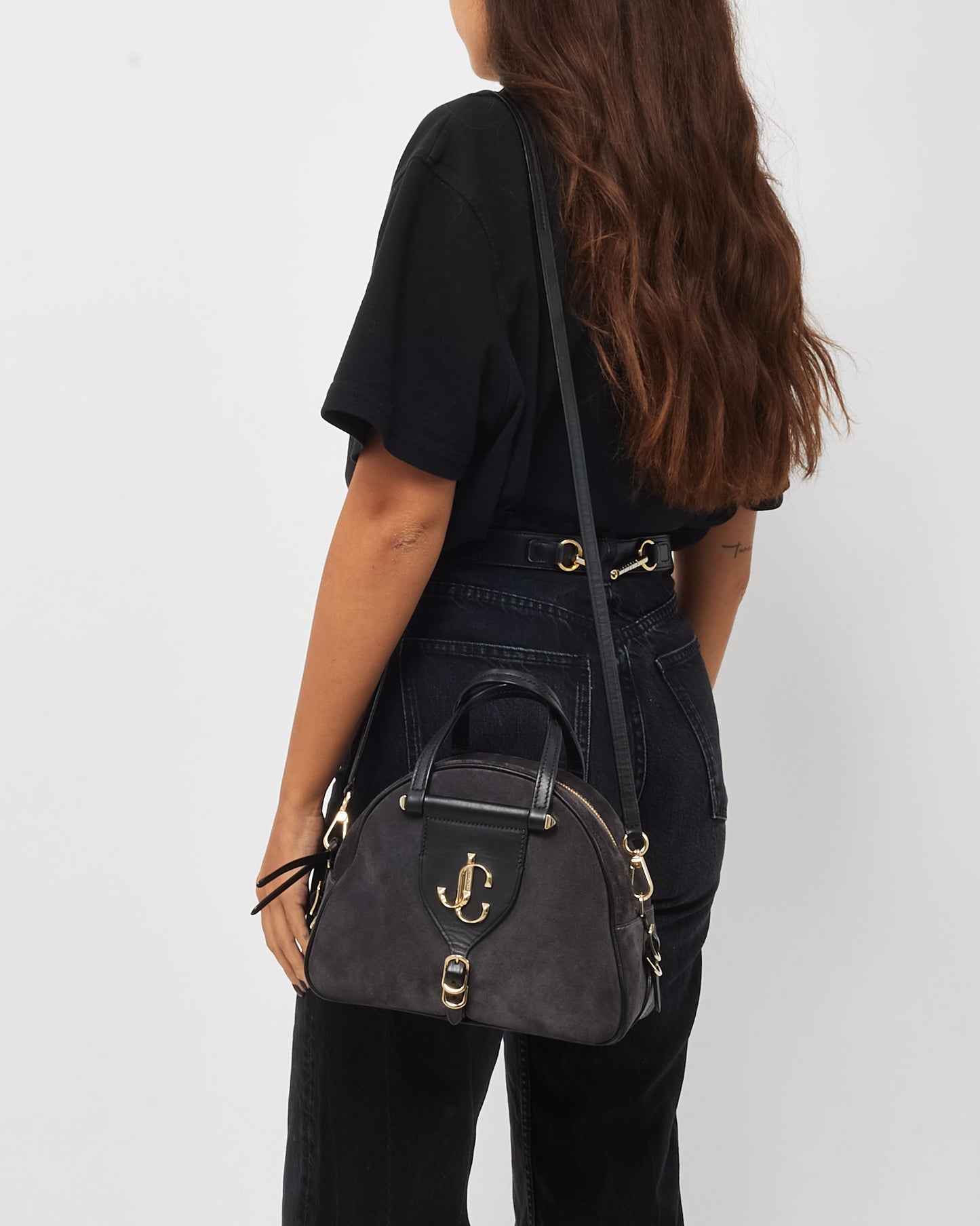 Jimmy Choo Grey (Dust Black) Suede Small Varenne Bowling Bag