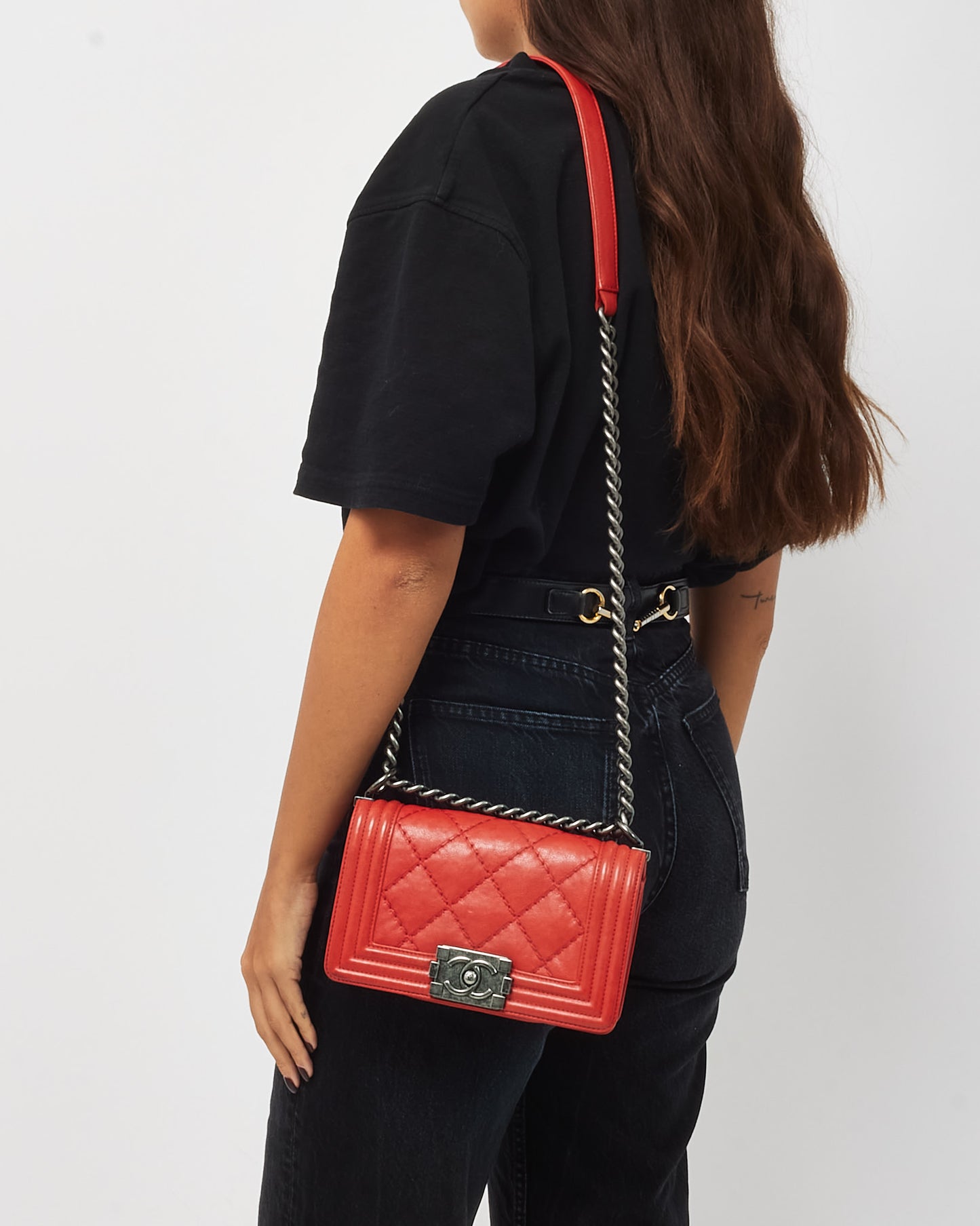 Chanel Red Calfskin Leather Double Stitch Small Boy Flap Bag