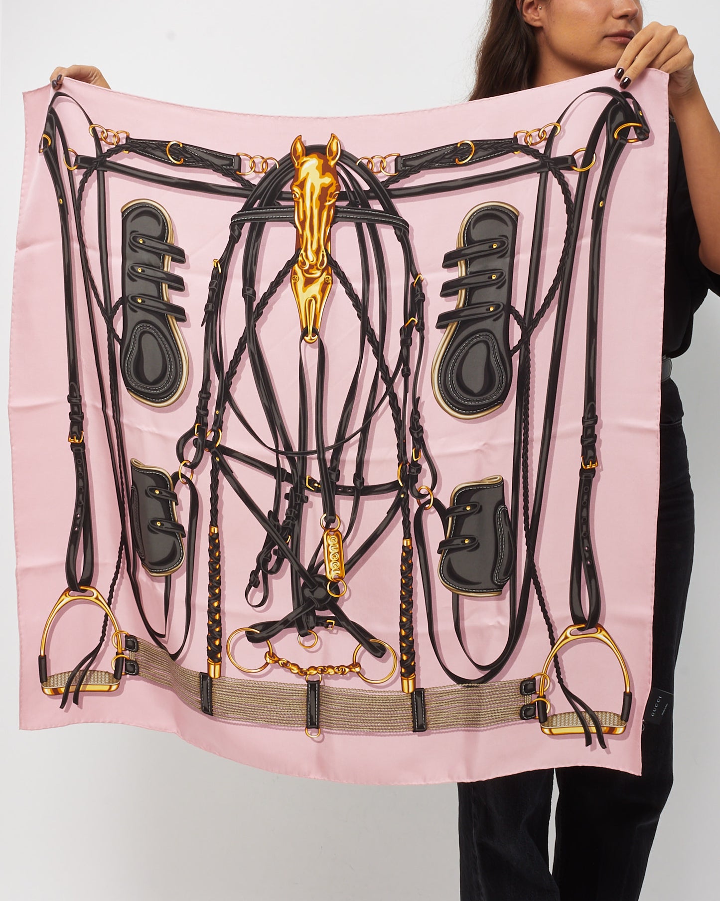 Gucci Pink/Black/Multi Horsebit Motif Silk Square Scarf
