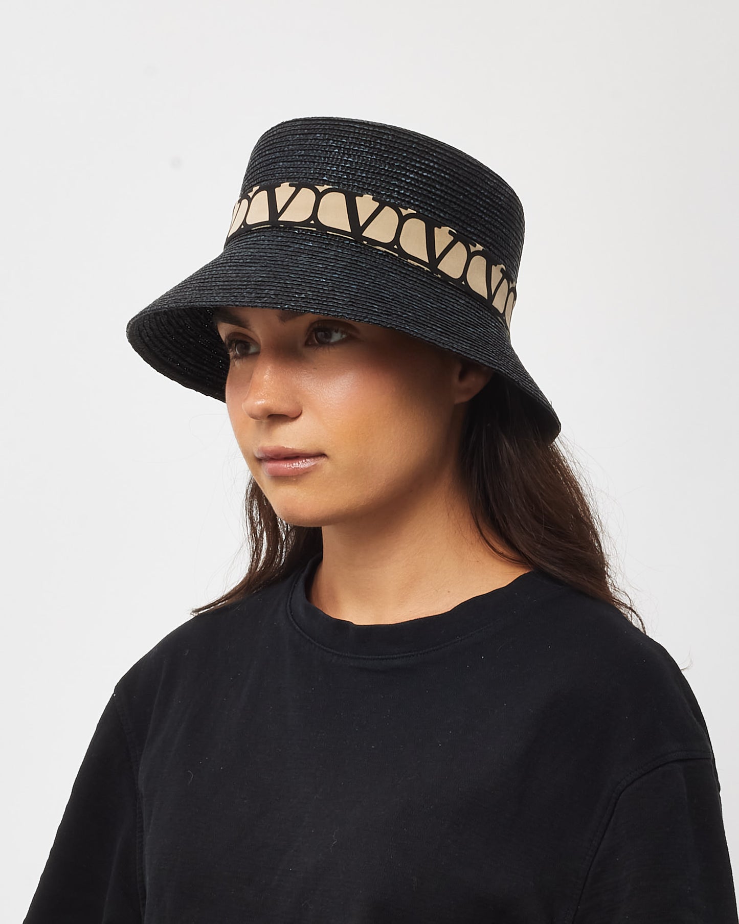 Valentino Black Raffia Iconographe Logo Toile Bucket Hat - S