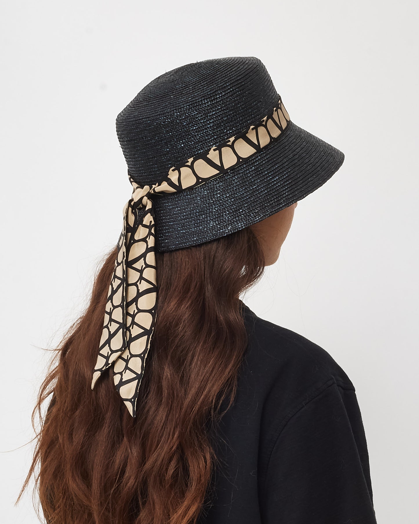 Valentino Black Raffia Iconographe Logo Toile Bucket Hat - S