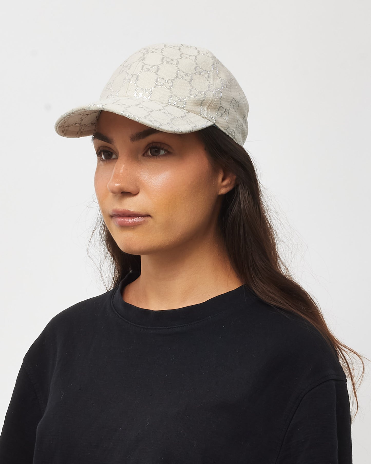 Gucci Neutral Beige Canvas Siver Lame GG Monogram Rush Baseball Cap - S